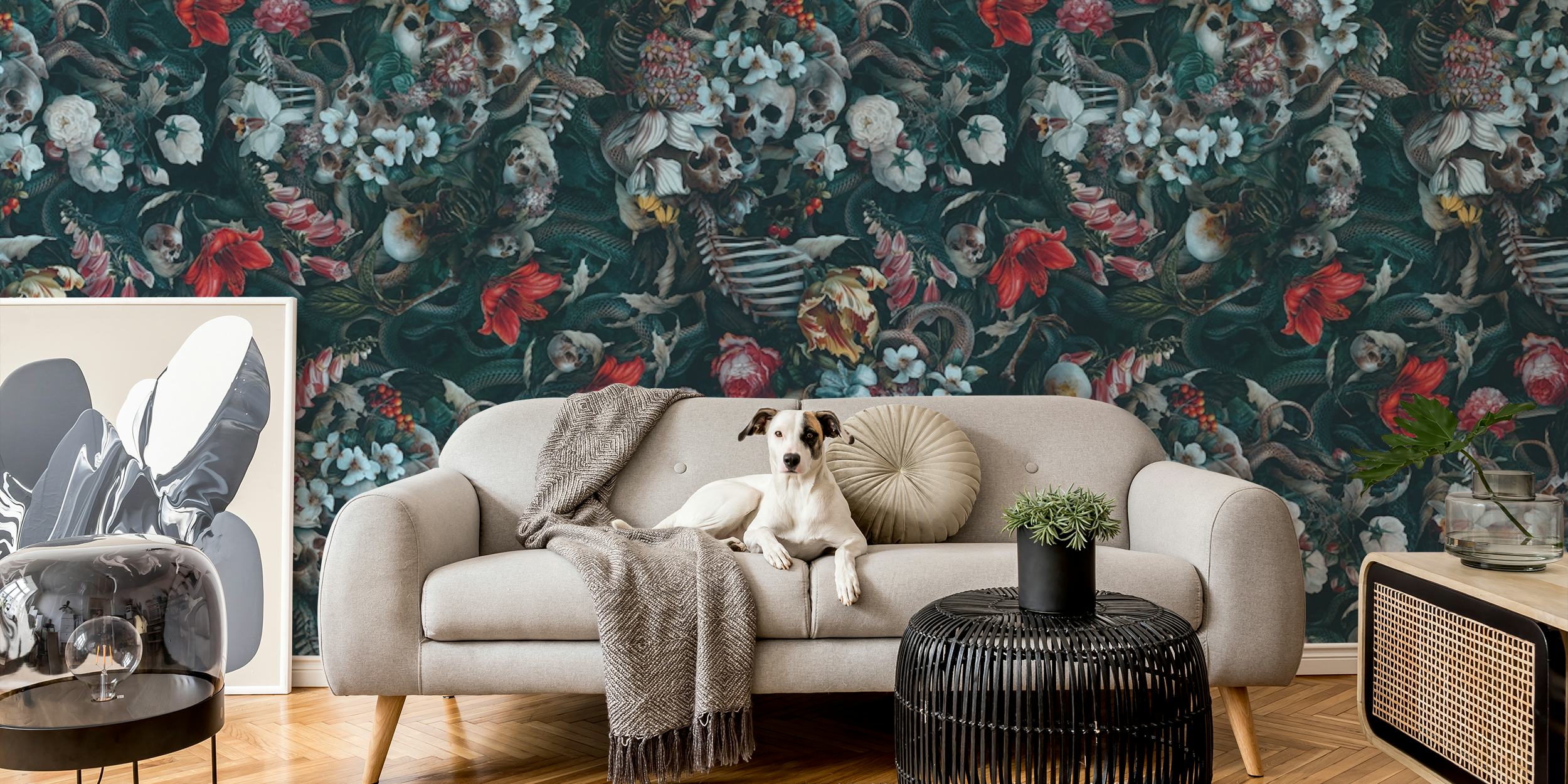 Dark patterned wall mural with intricate skulls and snakes design