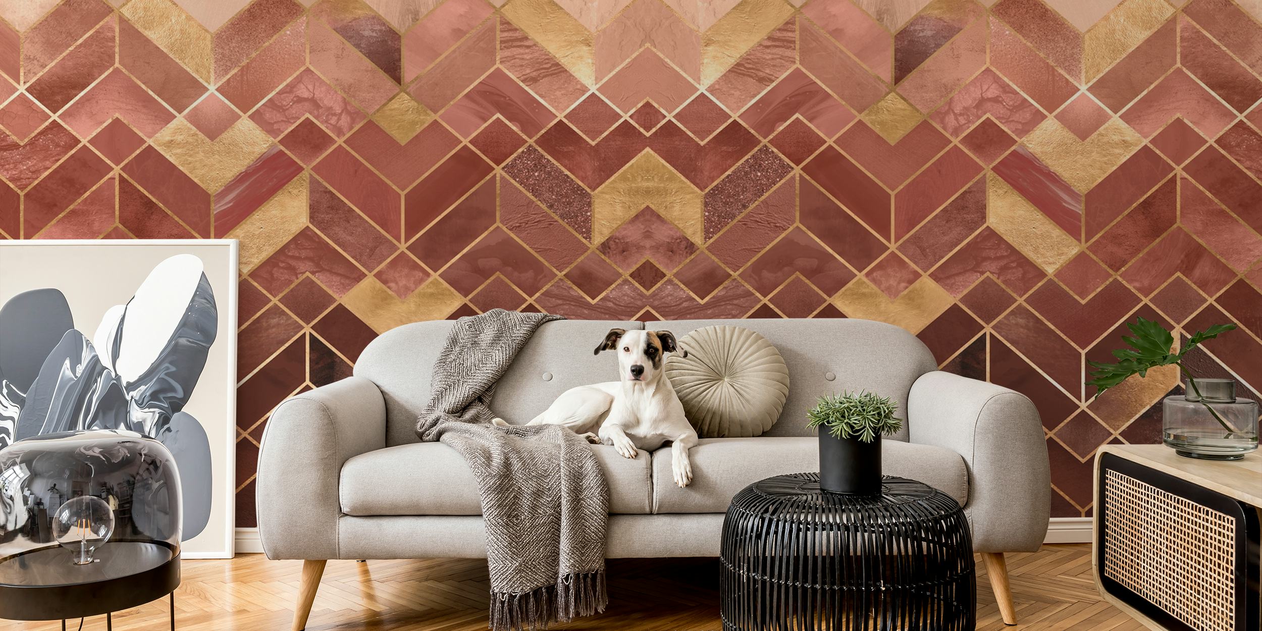 Geometric terracotta and gold pattern wallpaper