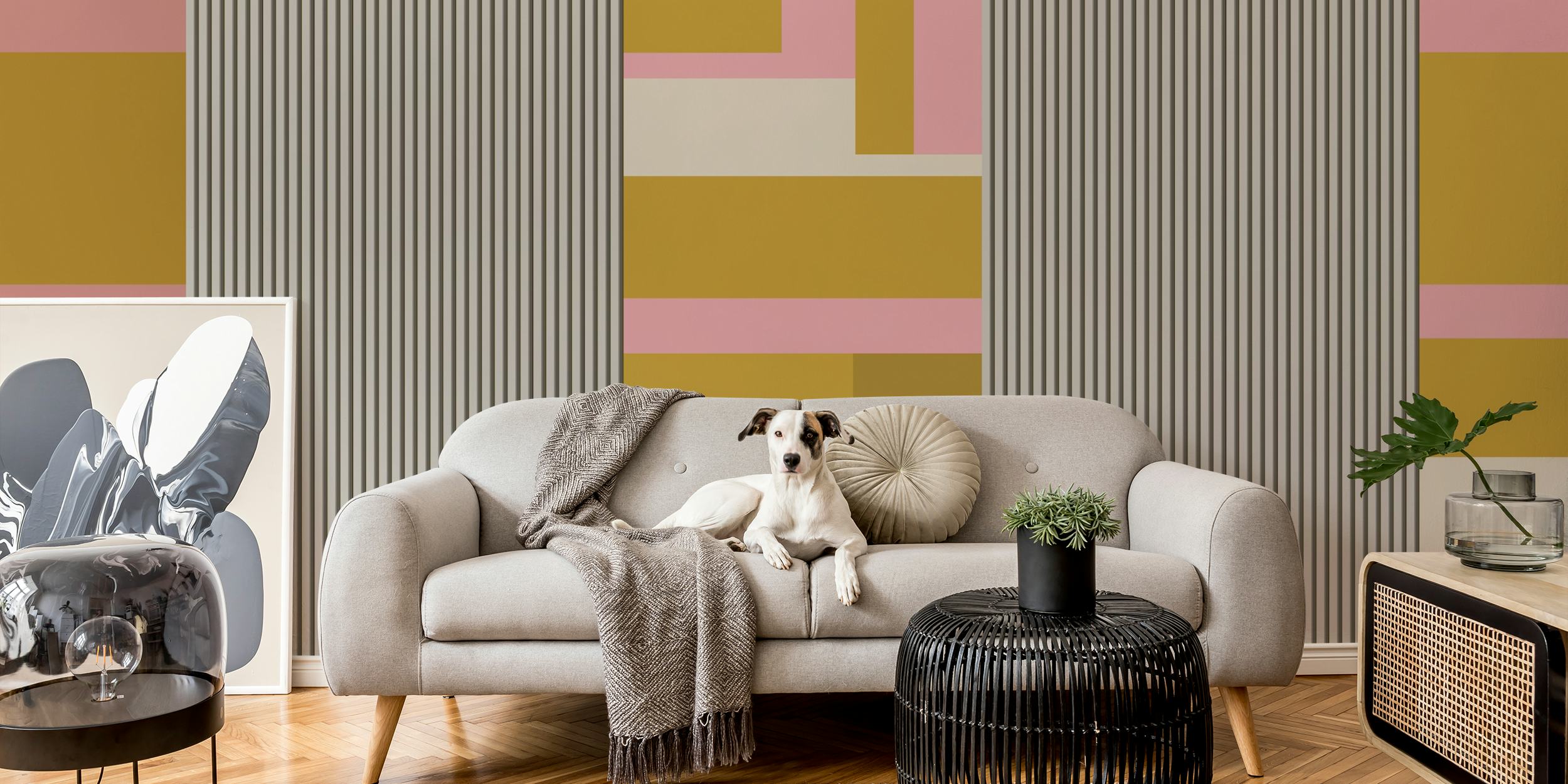 Abstract striped wallpaper in pink, gold, and cream tones