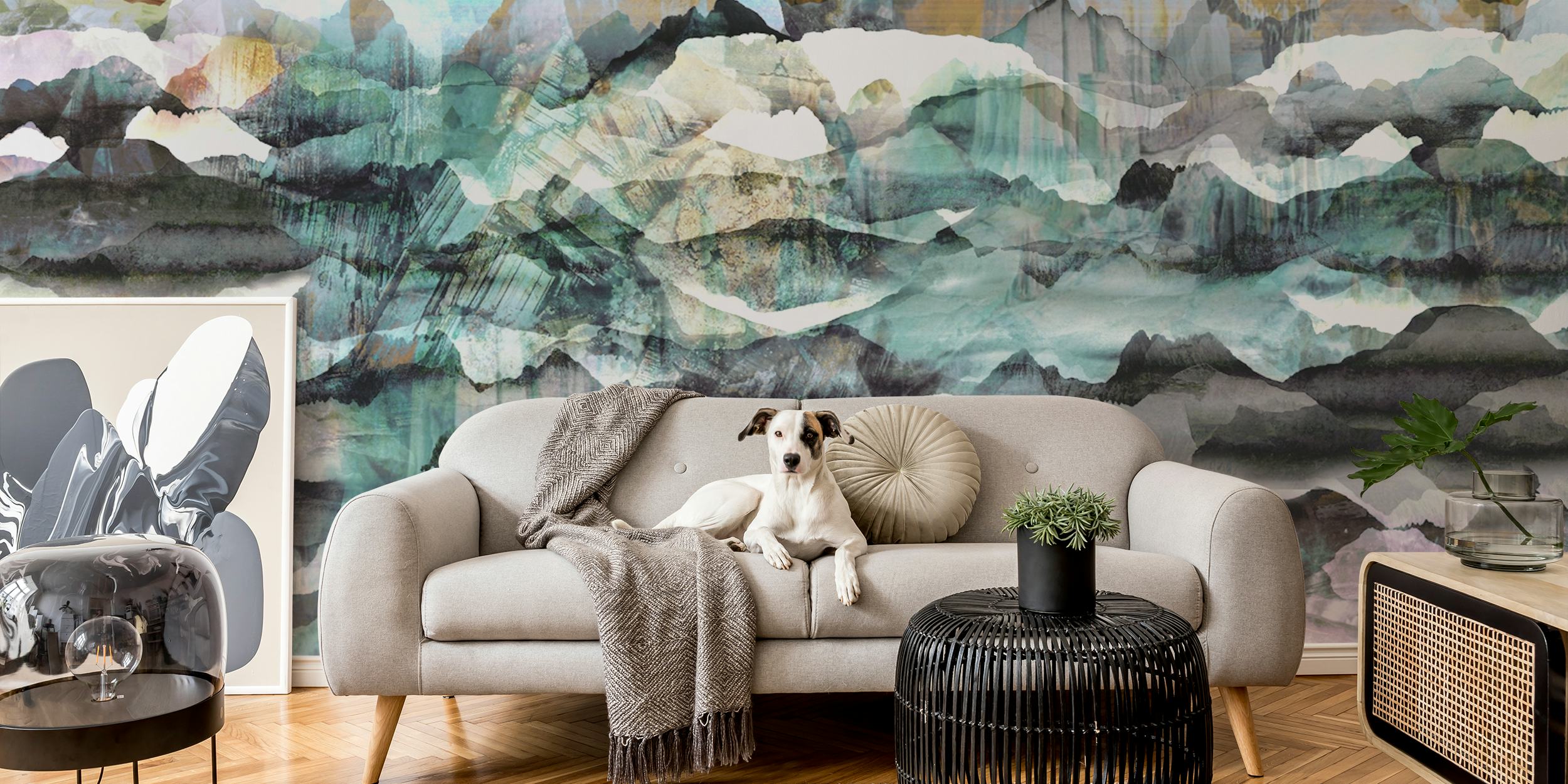 Foggy mountains wallpaper in a room