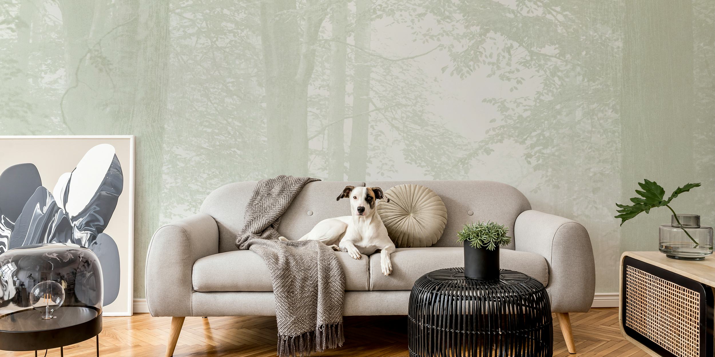 Ethereal trees in soft gray tones with misty background wallpaper.