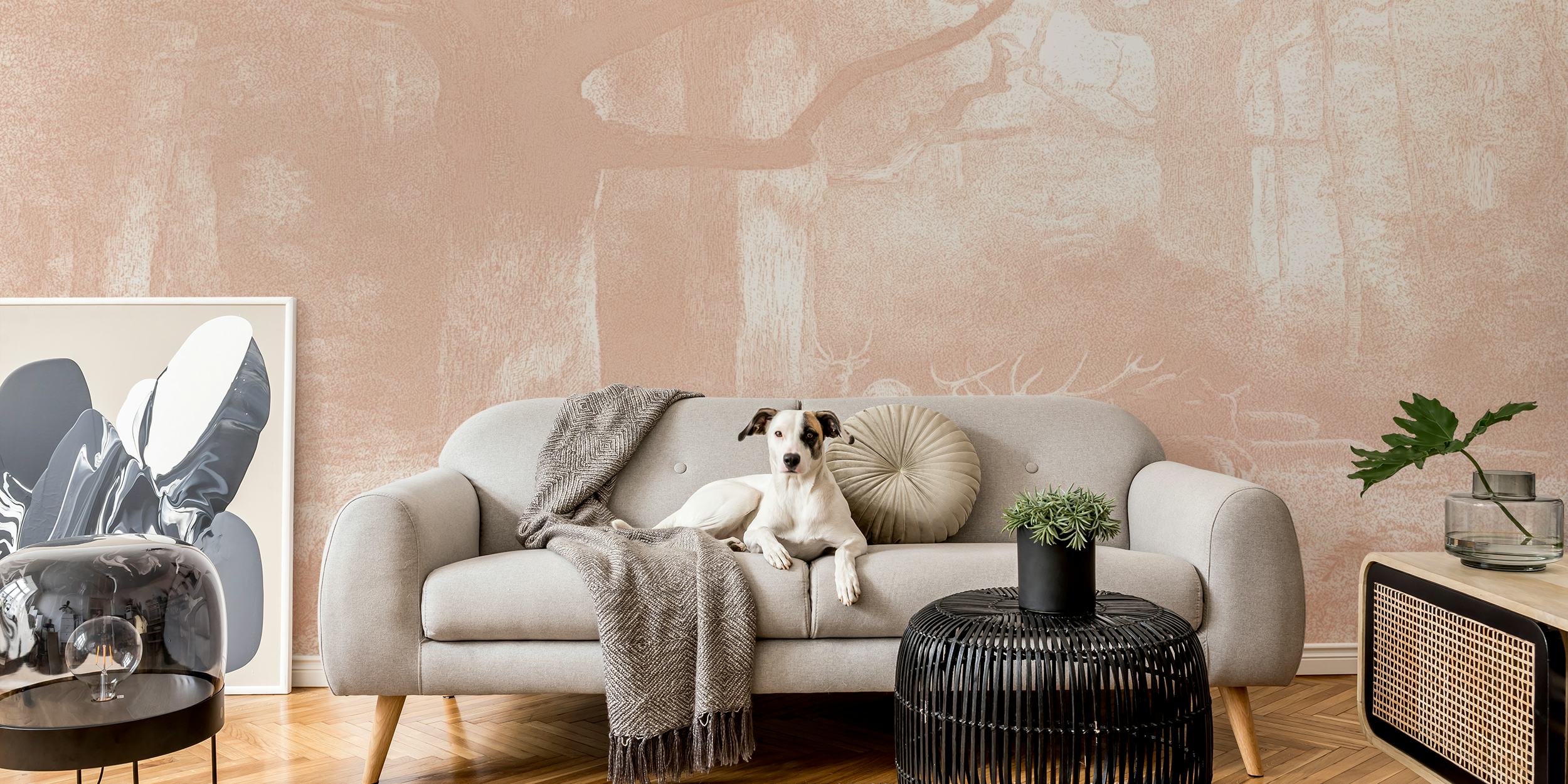 Deer grazing in a vintage forest scene with pale colors wallpaper