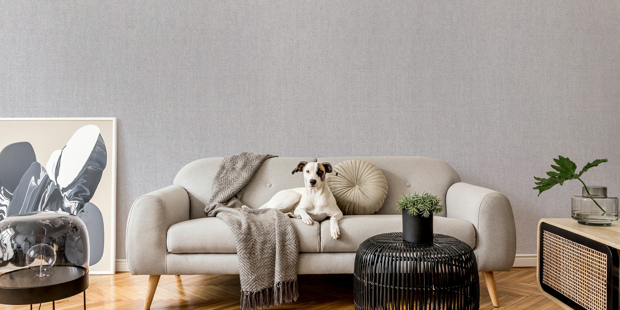 Grey textile wallpaper em um ambiente de quarto