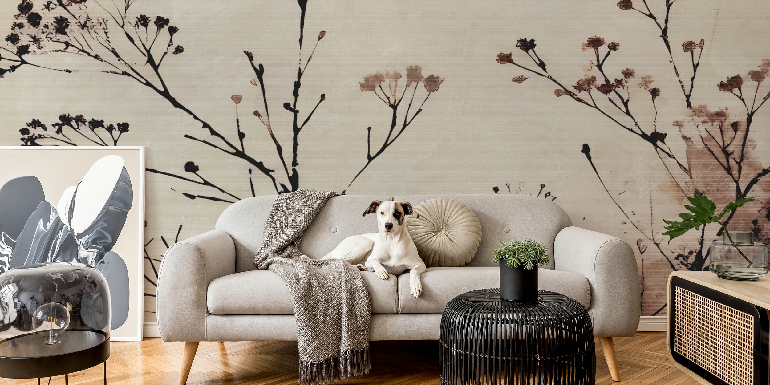 Ταπετσαρία Abstract Japandi Botanicals σε ένα δωμάτιο