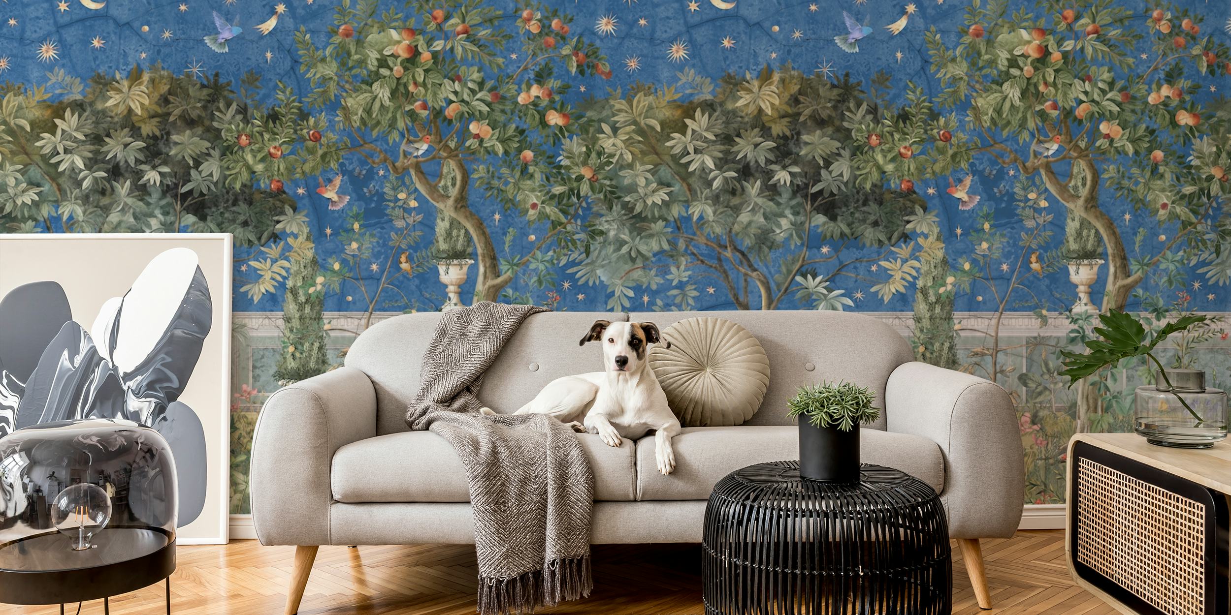 Starry Orchard Dreams Midnight papel de parede em um quarto
