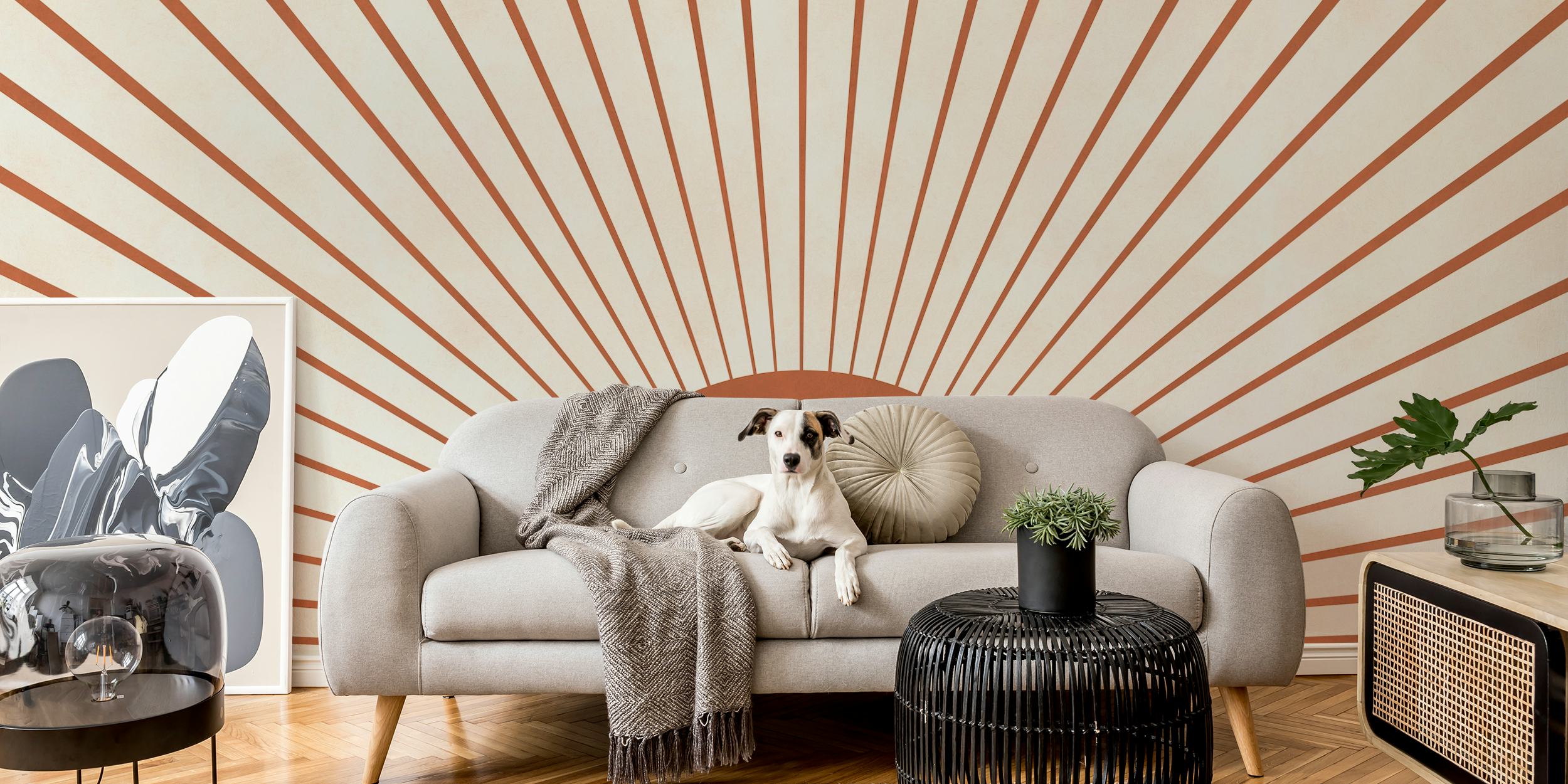 Warm tones sunburst geometric wallpaper with radial lines