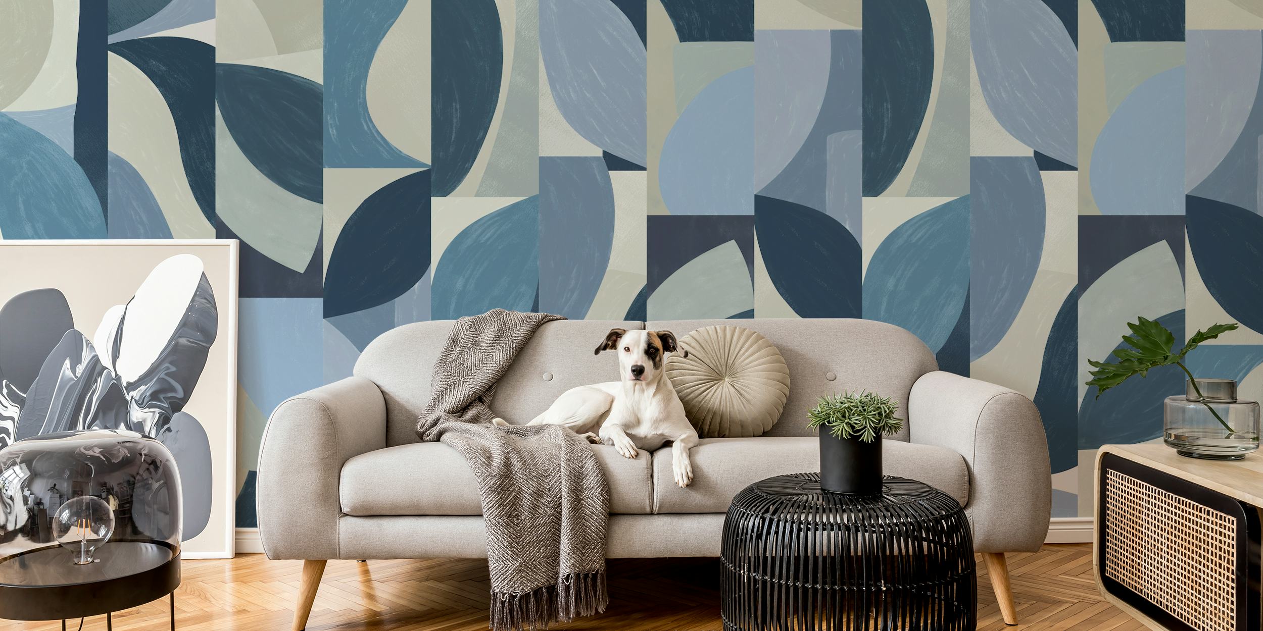 Colorful abstract blue leaves in geometric shapes wallpaper