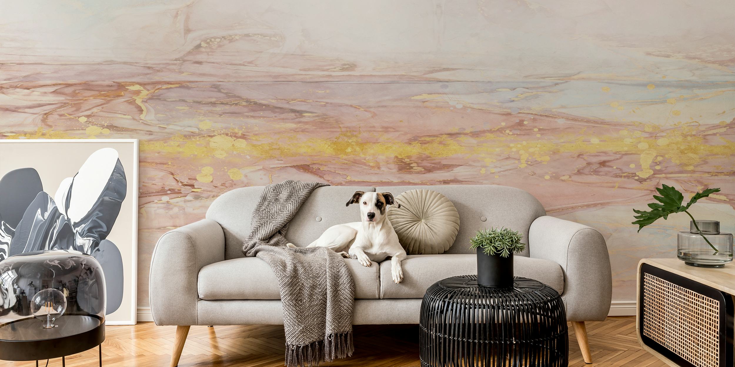 Abstract marble wallpaper in soft pink and gold tones