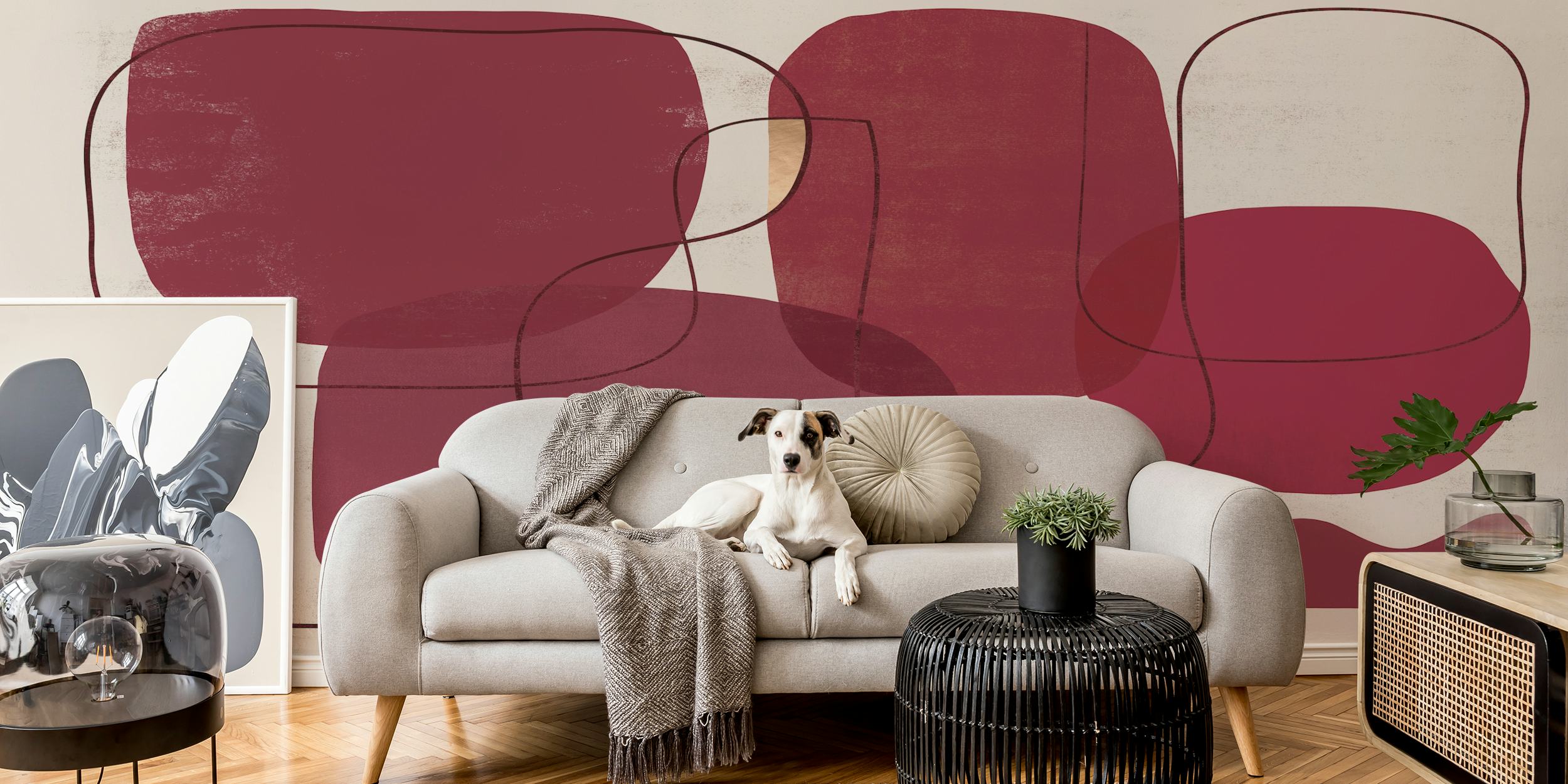 Abstract shapes in maroon and gold on beige background wallpaper