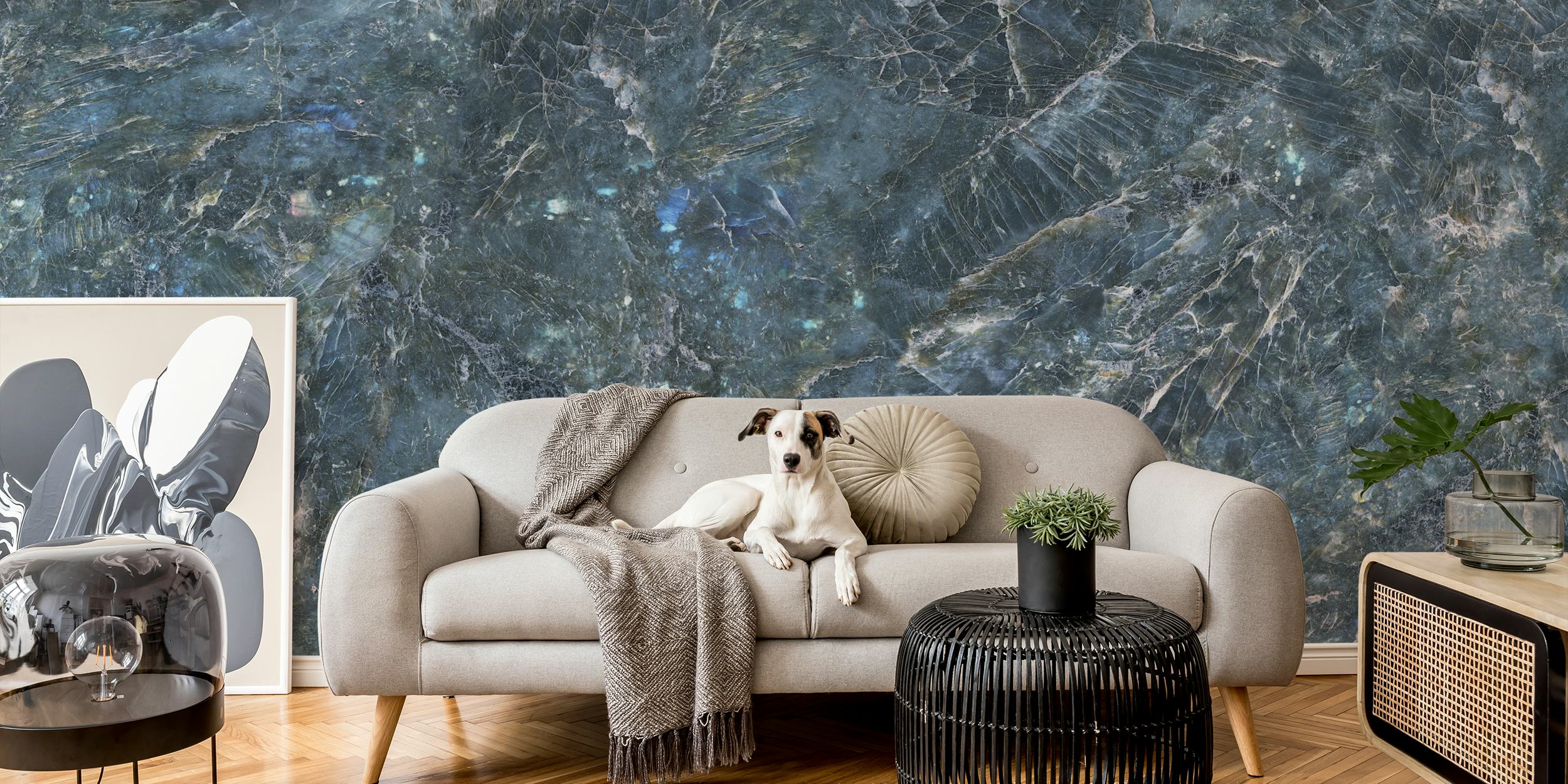 Elegant blue marble wallpaper in room setting