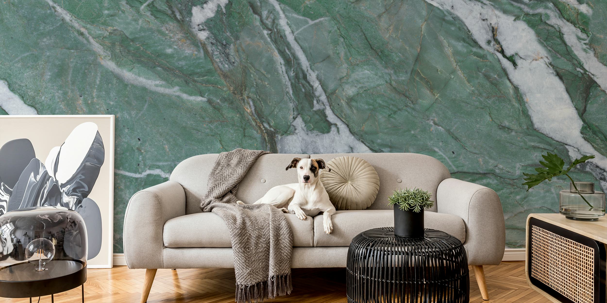 Luxe green marble wallpaper in a room