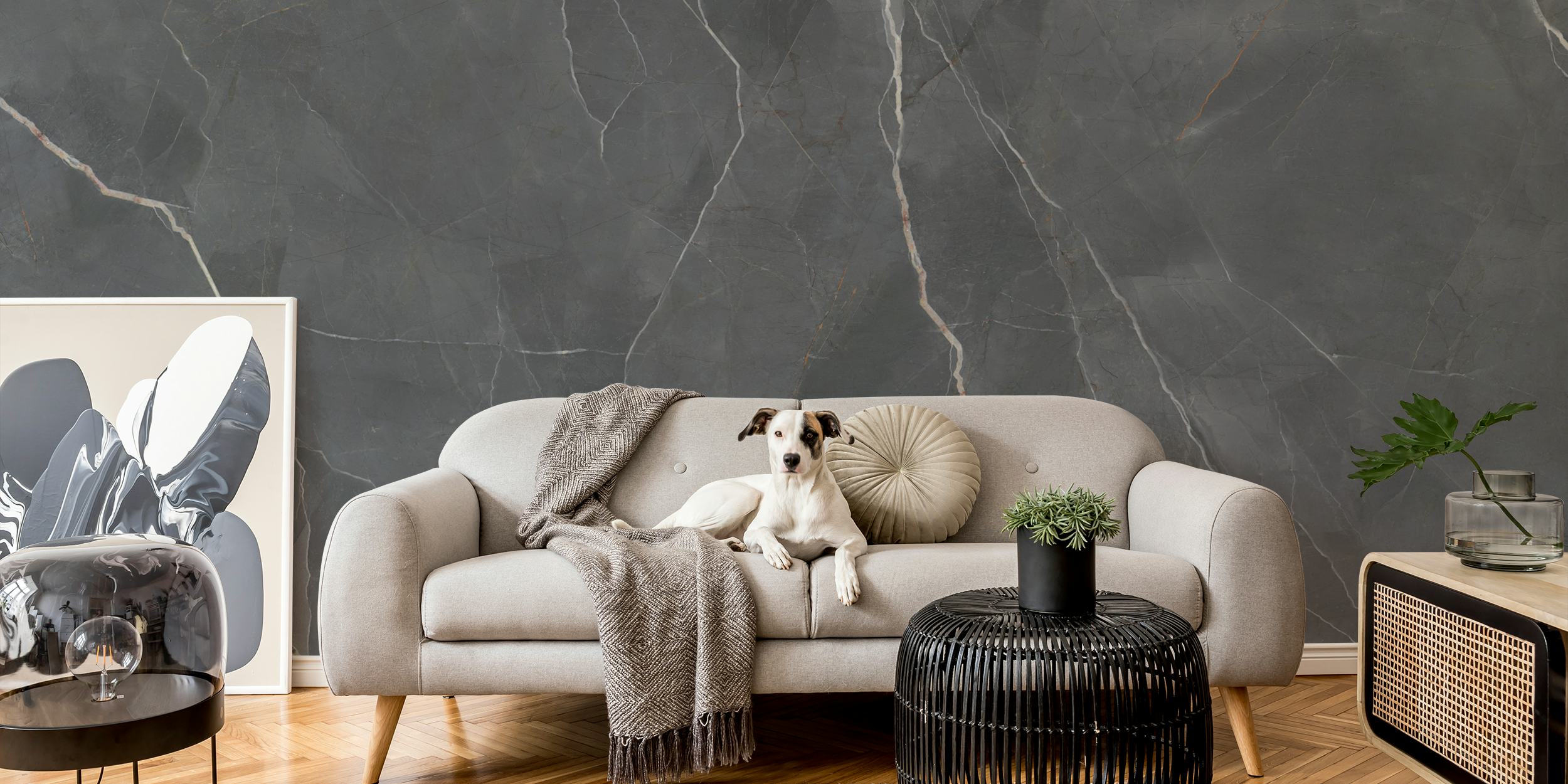 Pietra Grey Marble behang in een kamer