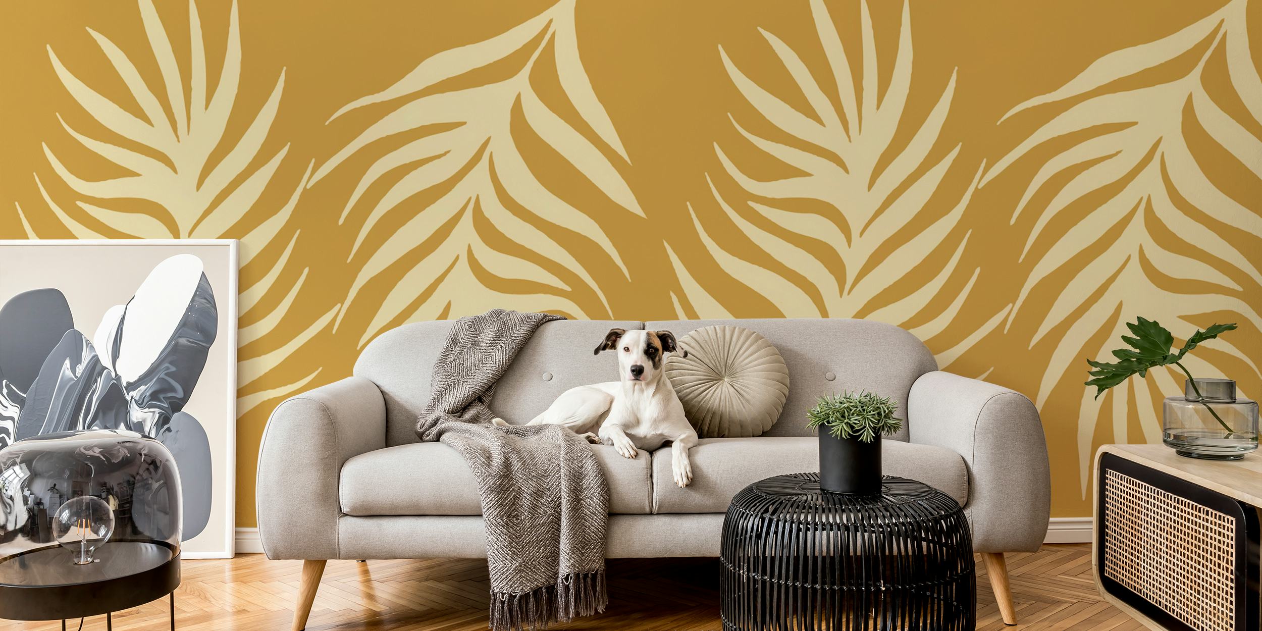 Golden Palm Leaves Wallpaper displayed in a room