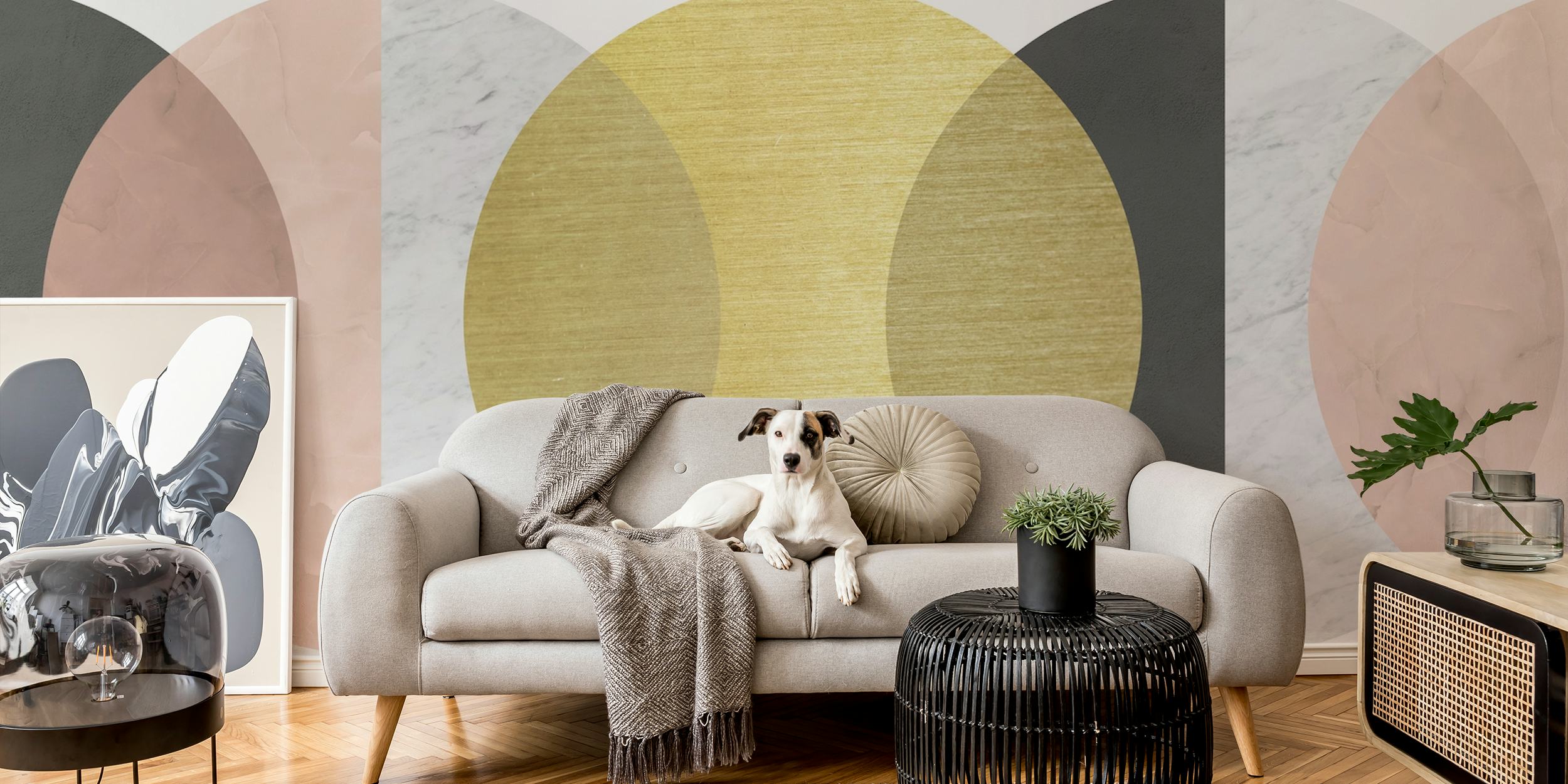 Abstract geometric shapes in gold, pink, black, and marble wallpaper