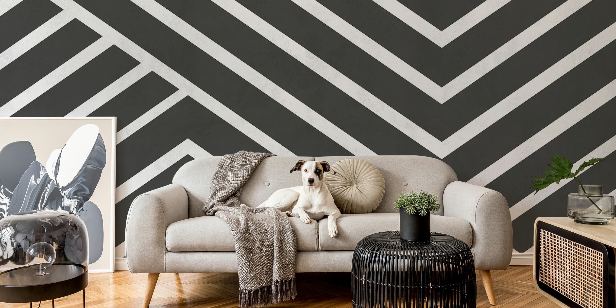 Geometrische lijnen in zwart en wit op behang
