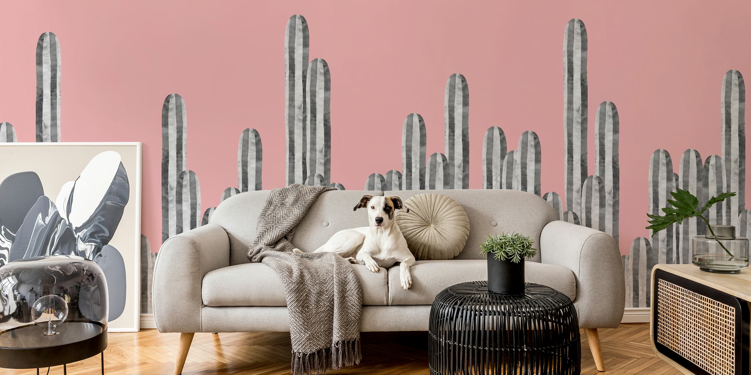 Abstract cactus landscape with black striped cacti on pink background wallpaper