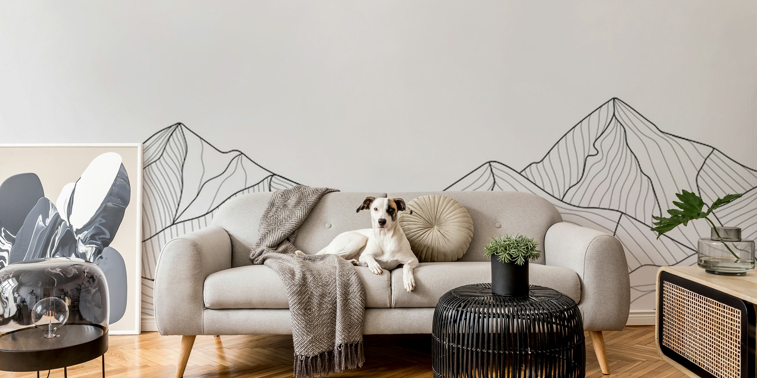 Mountains line art papel tapiz en una habitación