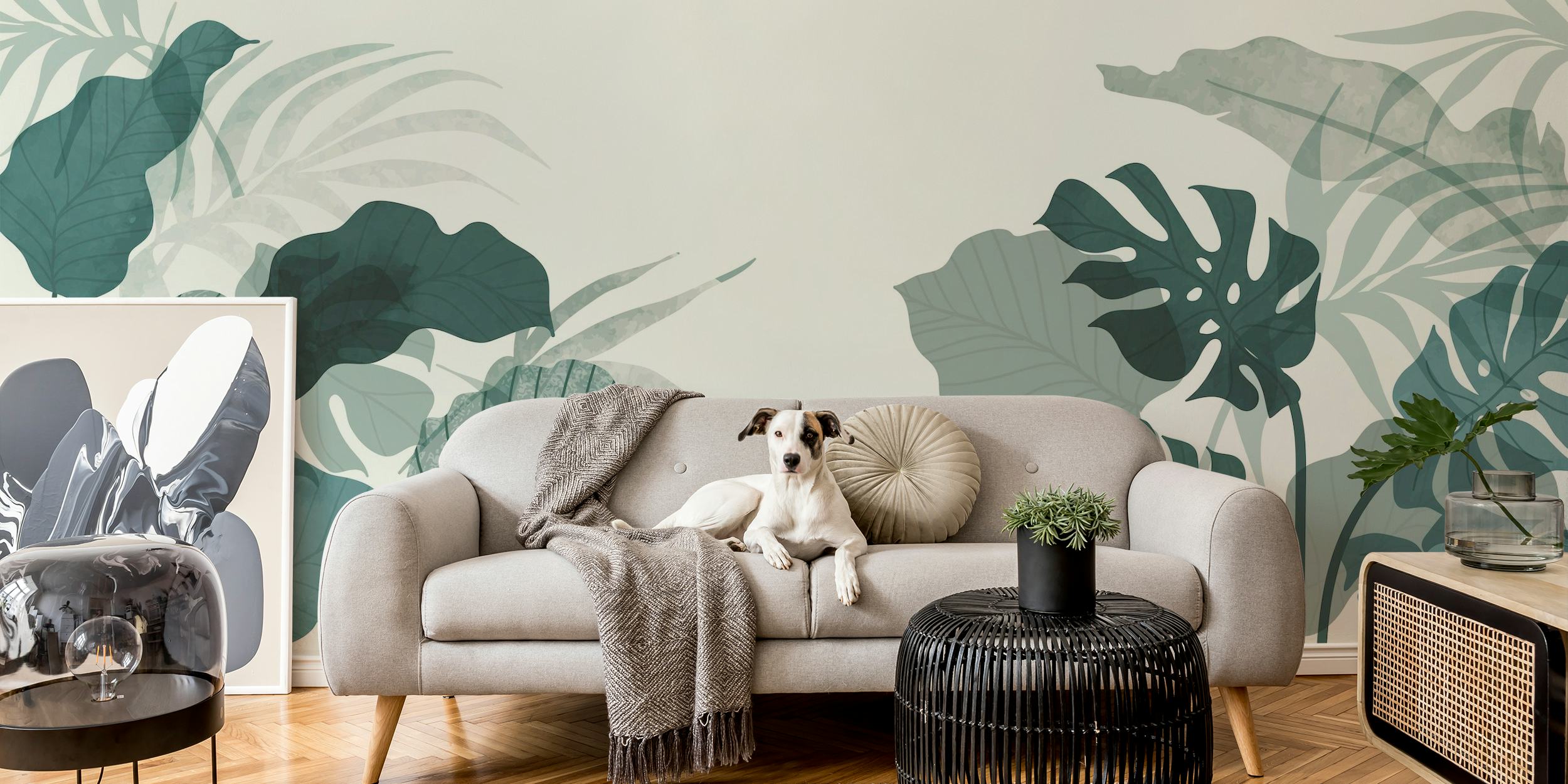 Fotomural vinílico de parede botânico elegante com tons verdes suaves e padrões de folhas