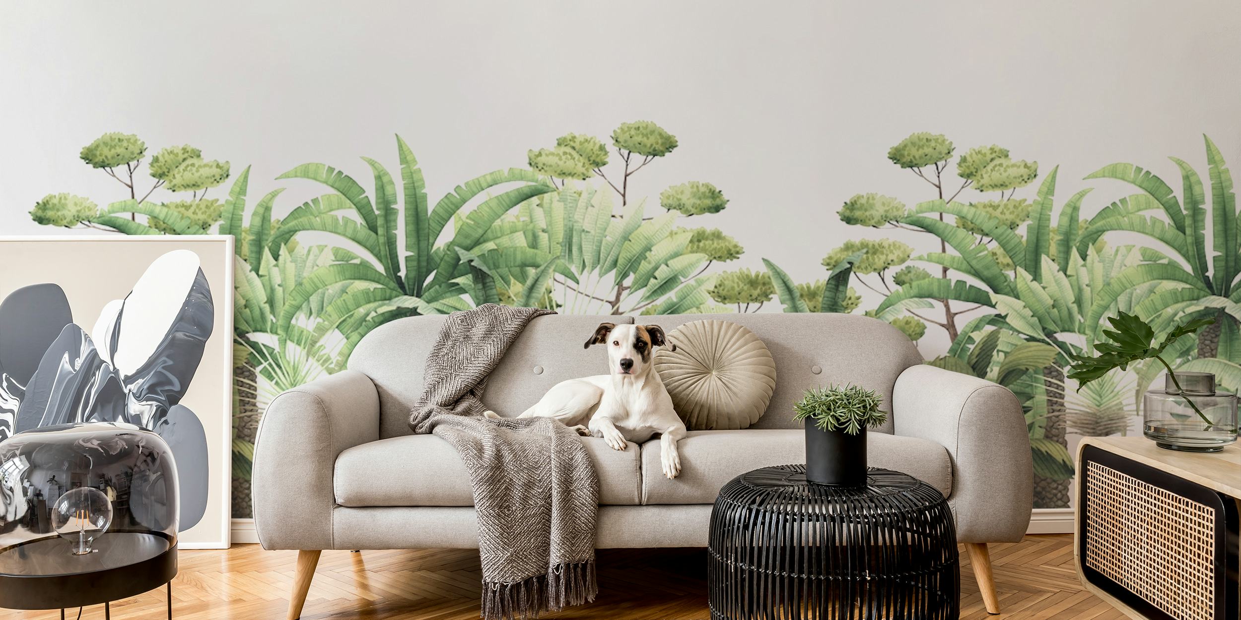 Tropical trees with lush green leaves and trunks wallpaper