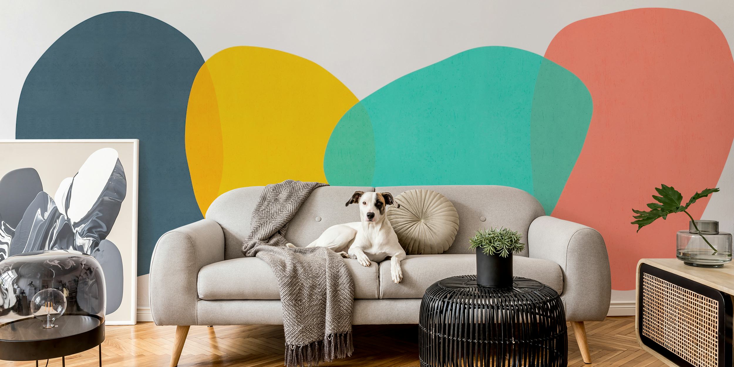 Colorful abstract shapes in blue, yellow, green, and coral wallpaper