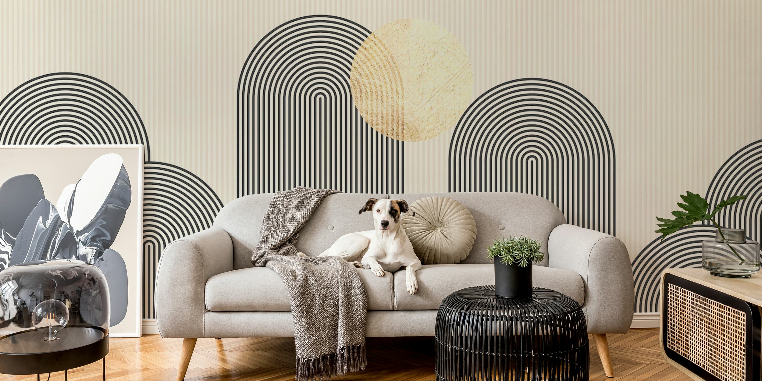 Landscape in lines wallpaper in a room