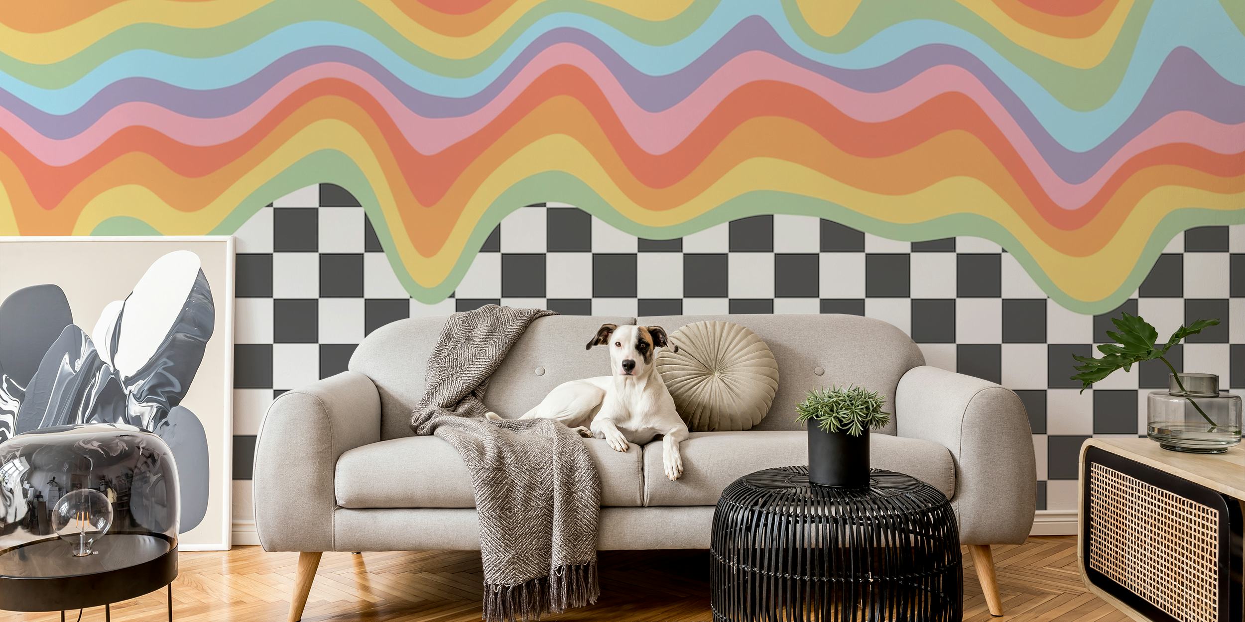 Colorful rainbow waves above a black and white checkered pattern wallpaper