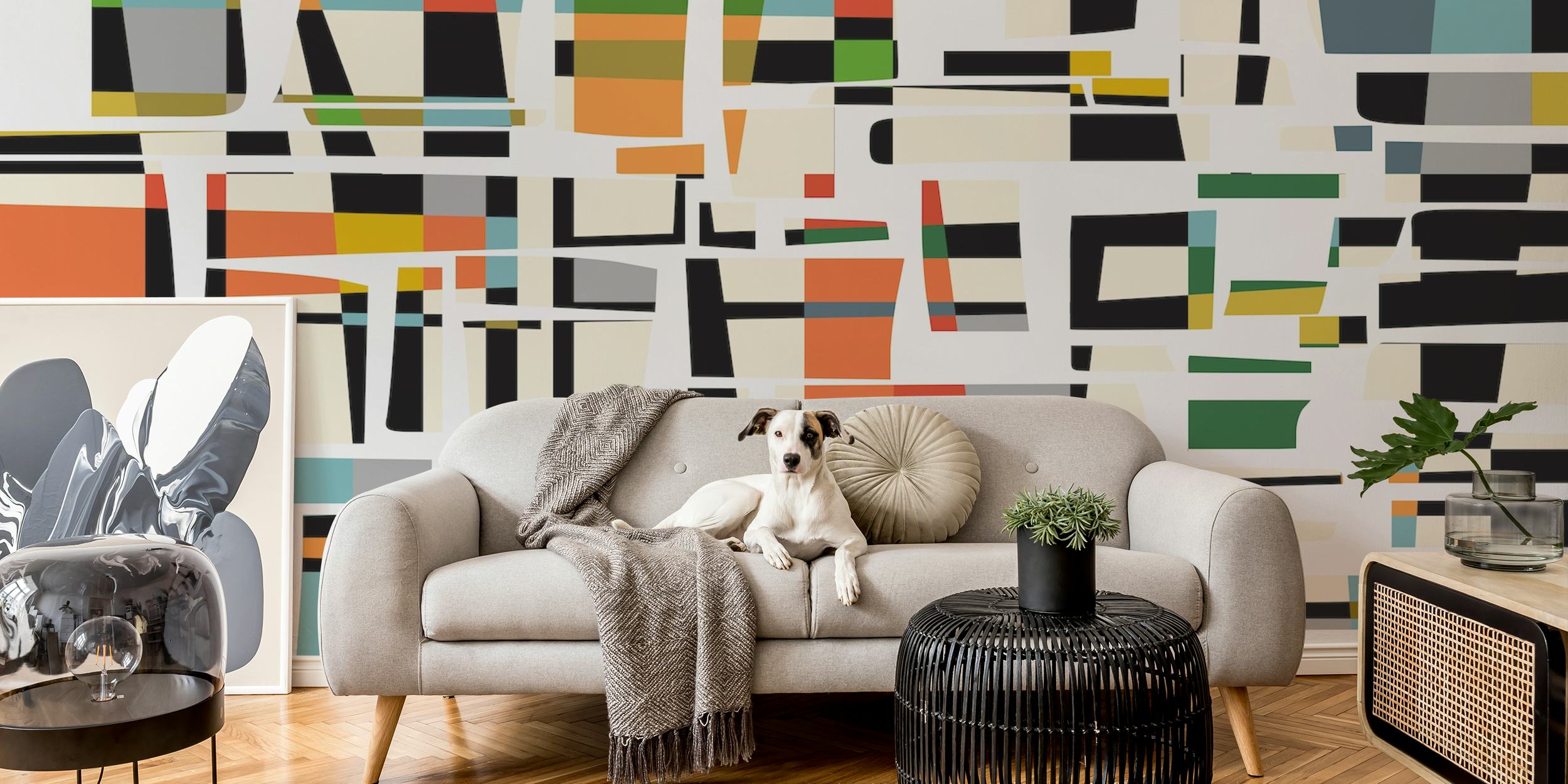 Colorful geometric shapes in various colors on a neutral background wallpaper