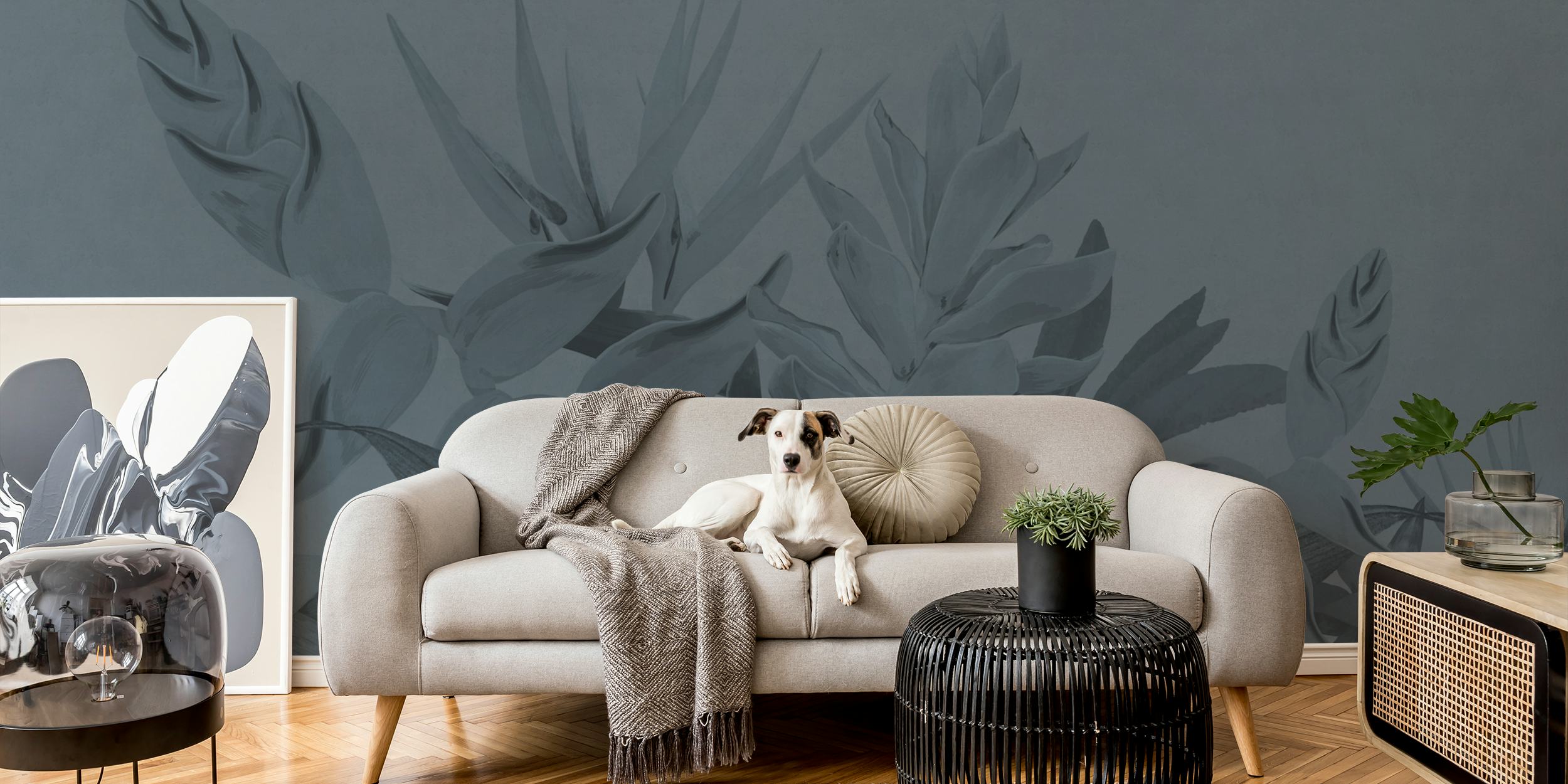 Tropical floral pattern in shades of blue wallpaper