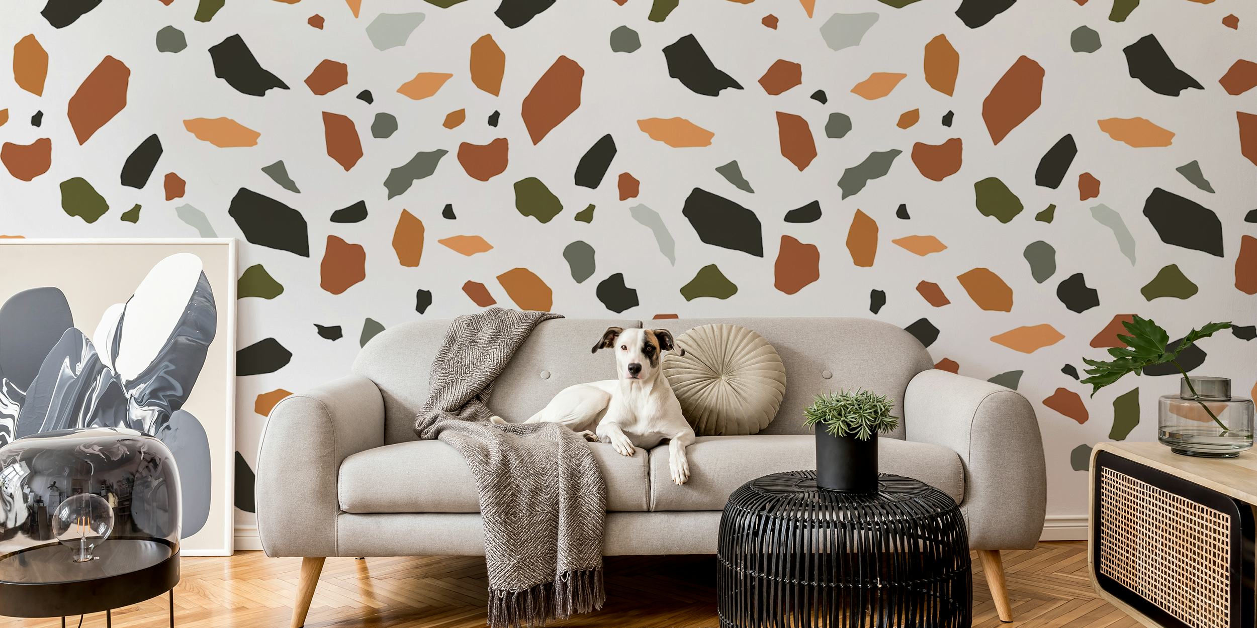 Fotomural vinílico de parede com padrão mosaico terrazzo abstrato em laranja, verde e preto