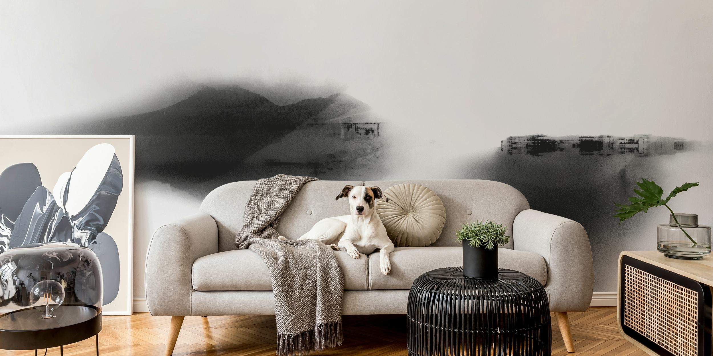 Papel de parede Japandi Black White em um quarto