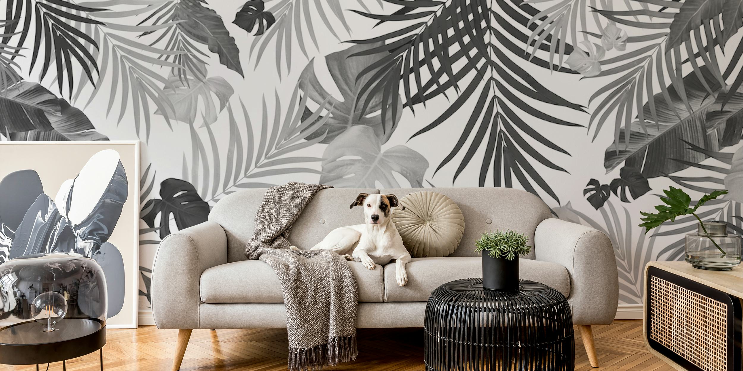 Tropical jungle leaves wallpaper in a room