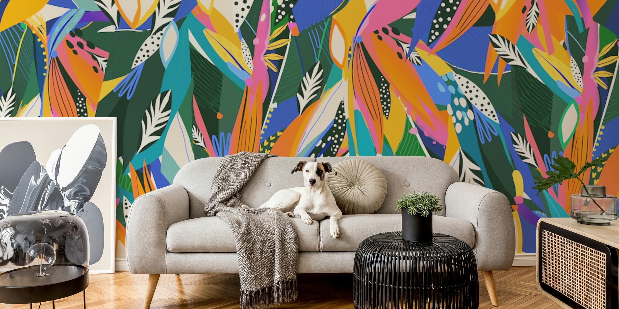 Colorful tropical abstract wallpaper with green, orange, pink, and blue patterns