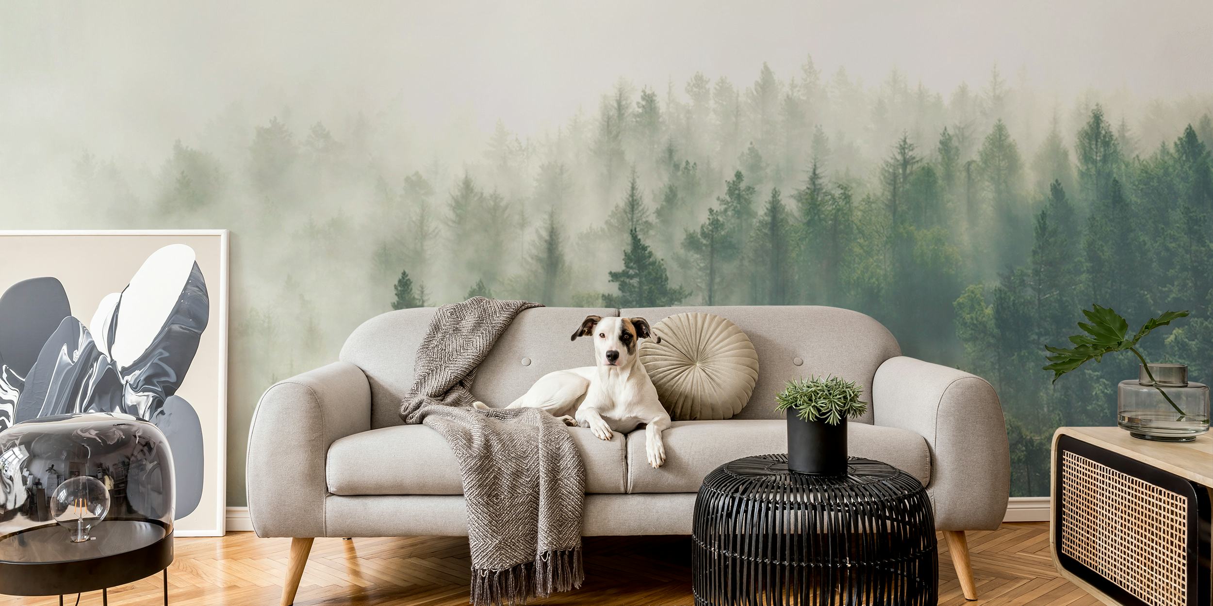 A tranquil panoramic forest mural with misty trees.
