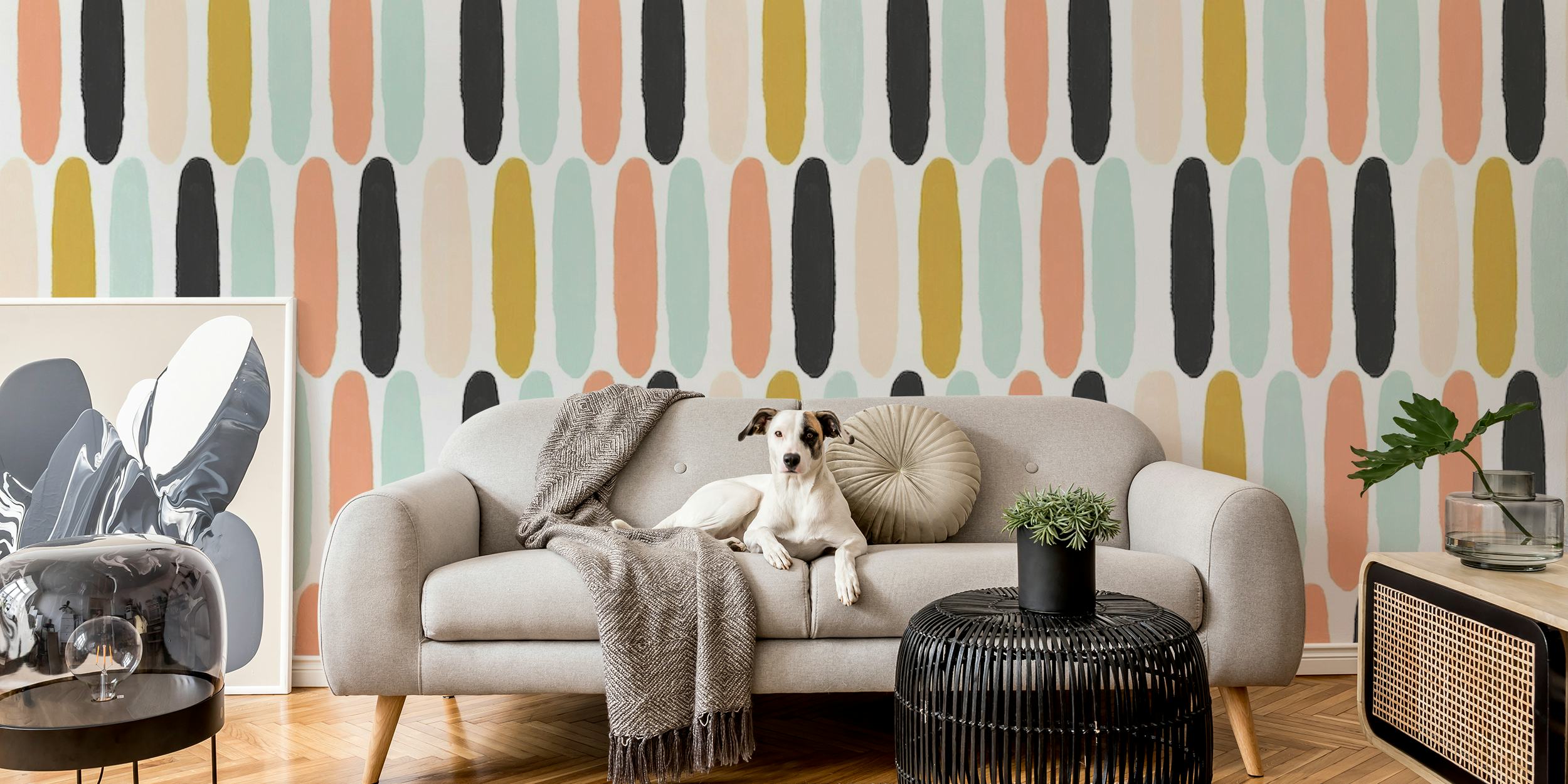 Scandinavian-style wall mural with pastel hues and bold black lines