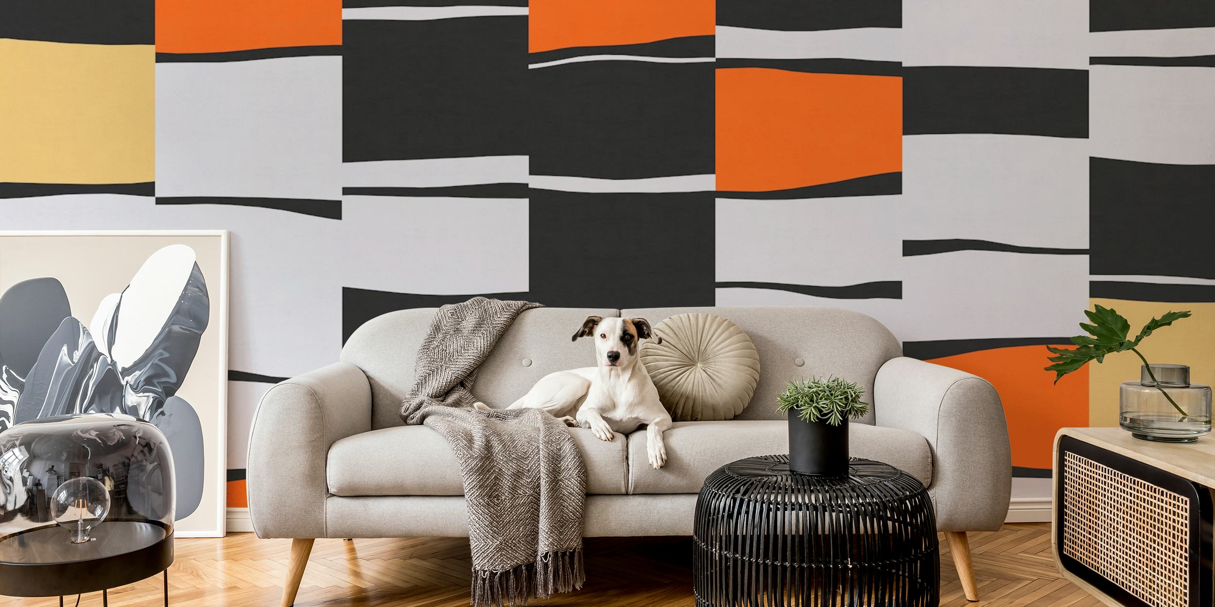 Abstract black and orange patterns with white elements wallpaper