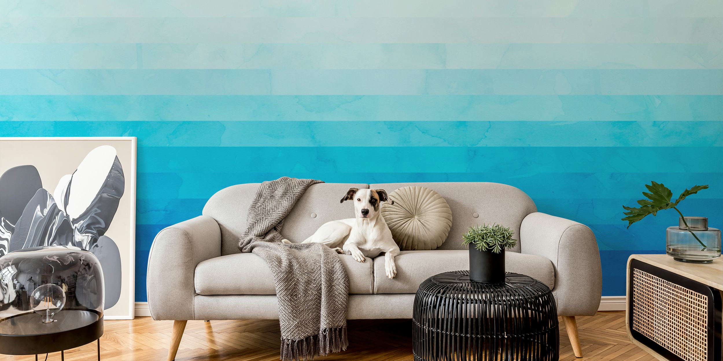Abstract gradient blue wall mural resembling a peaceful sky