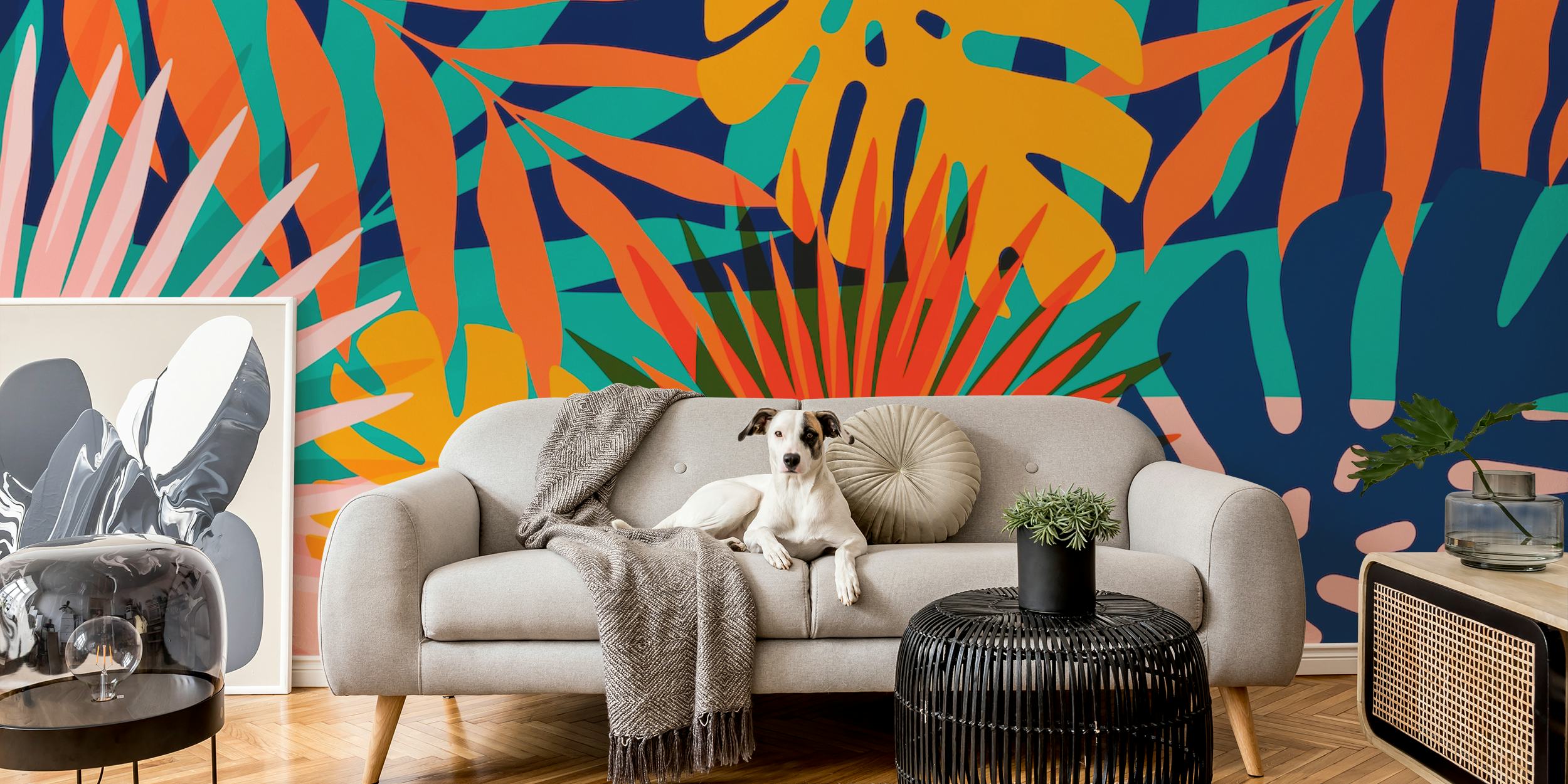 Vibrant tropical foliage wall mural with orange, green, and blue leaves