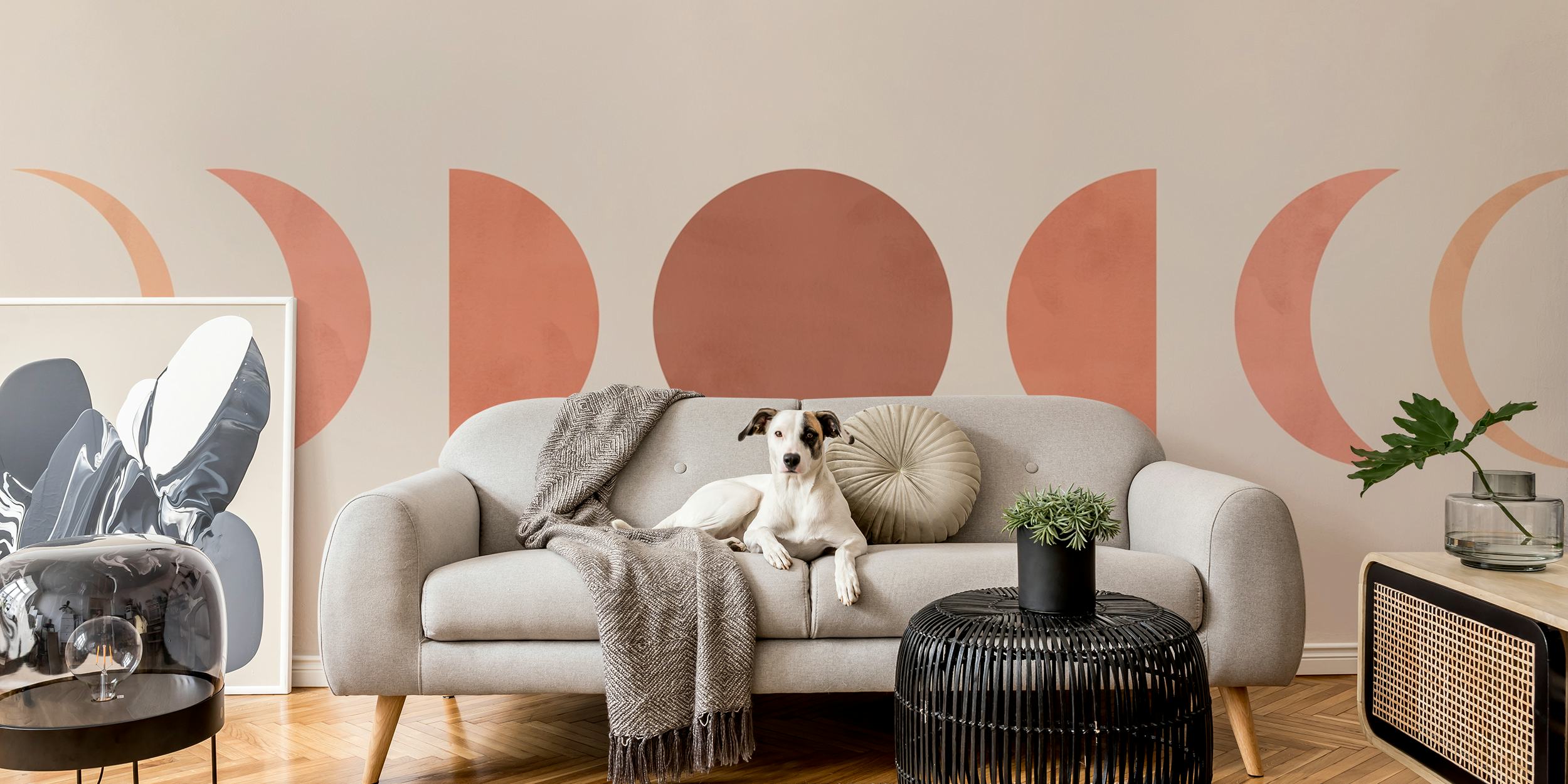 Moon phases design in earthy tones on beige background wallpaper