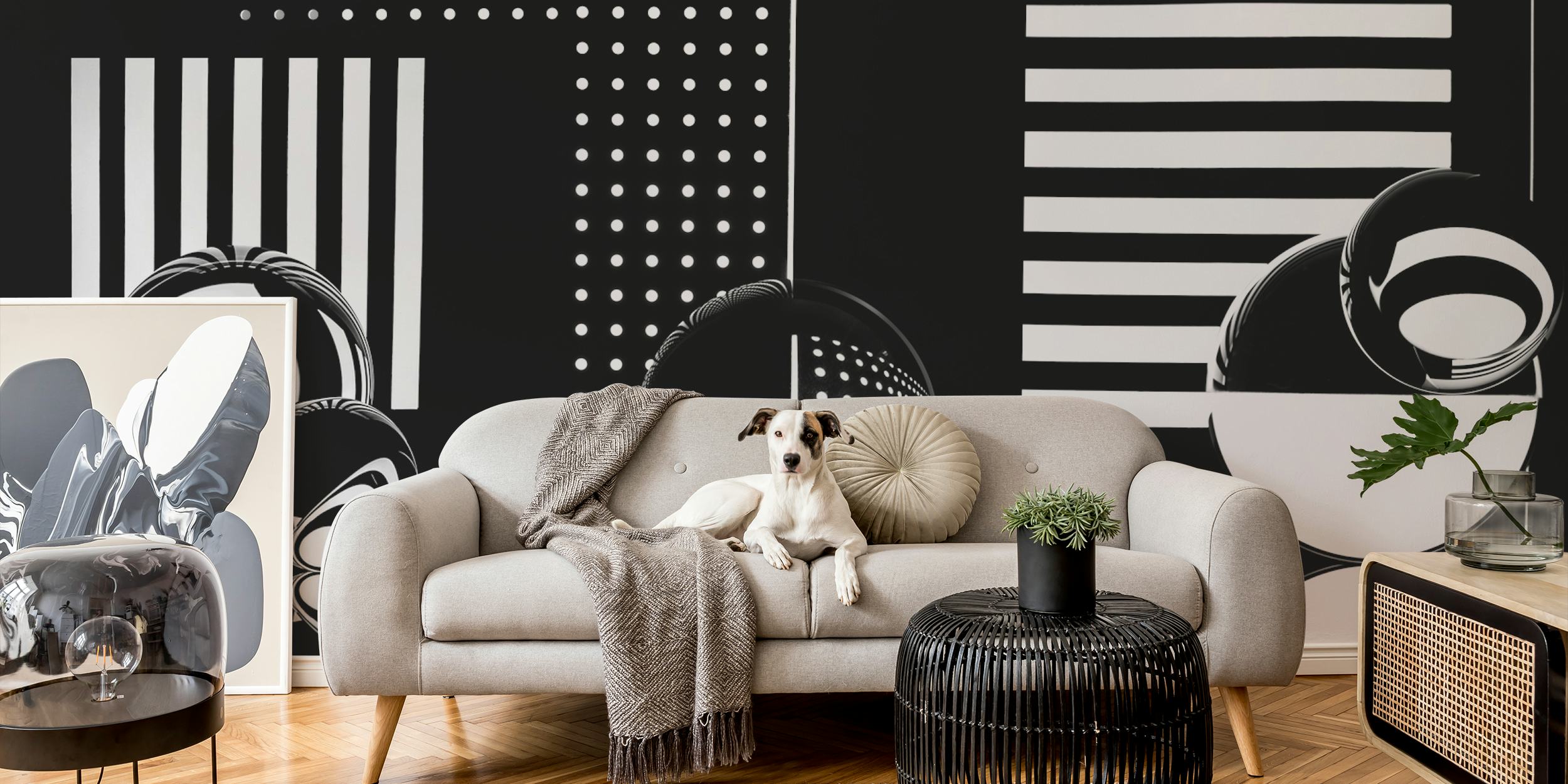 Geometric black and white wallpaper with stripes and dots design.