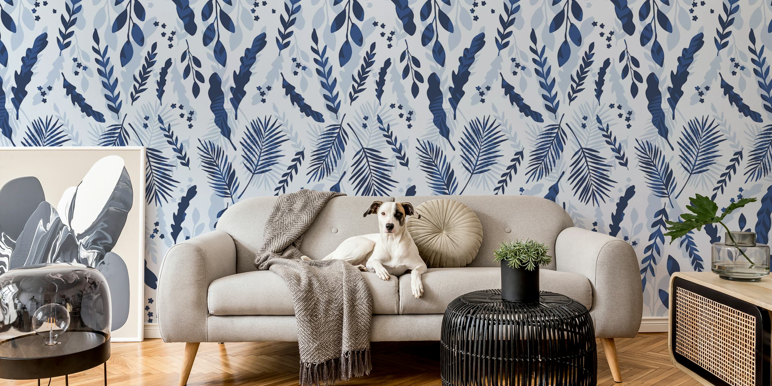 Blauwe en witte mariene botanische patroon muurschildering