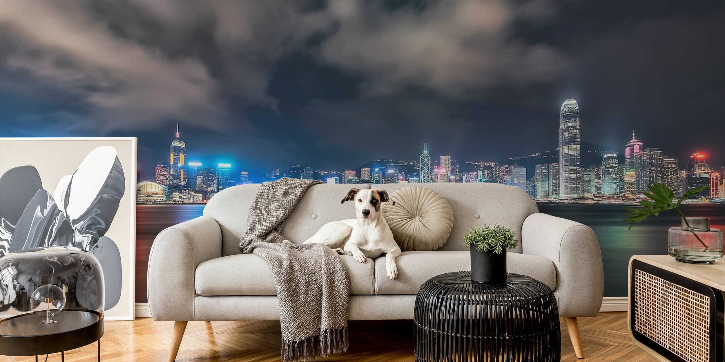 Fondo de pantalla de la línea del horizonte de Hong Kong en una habitación
