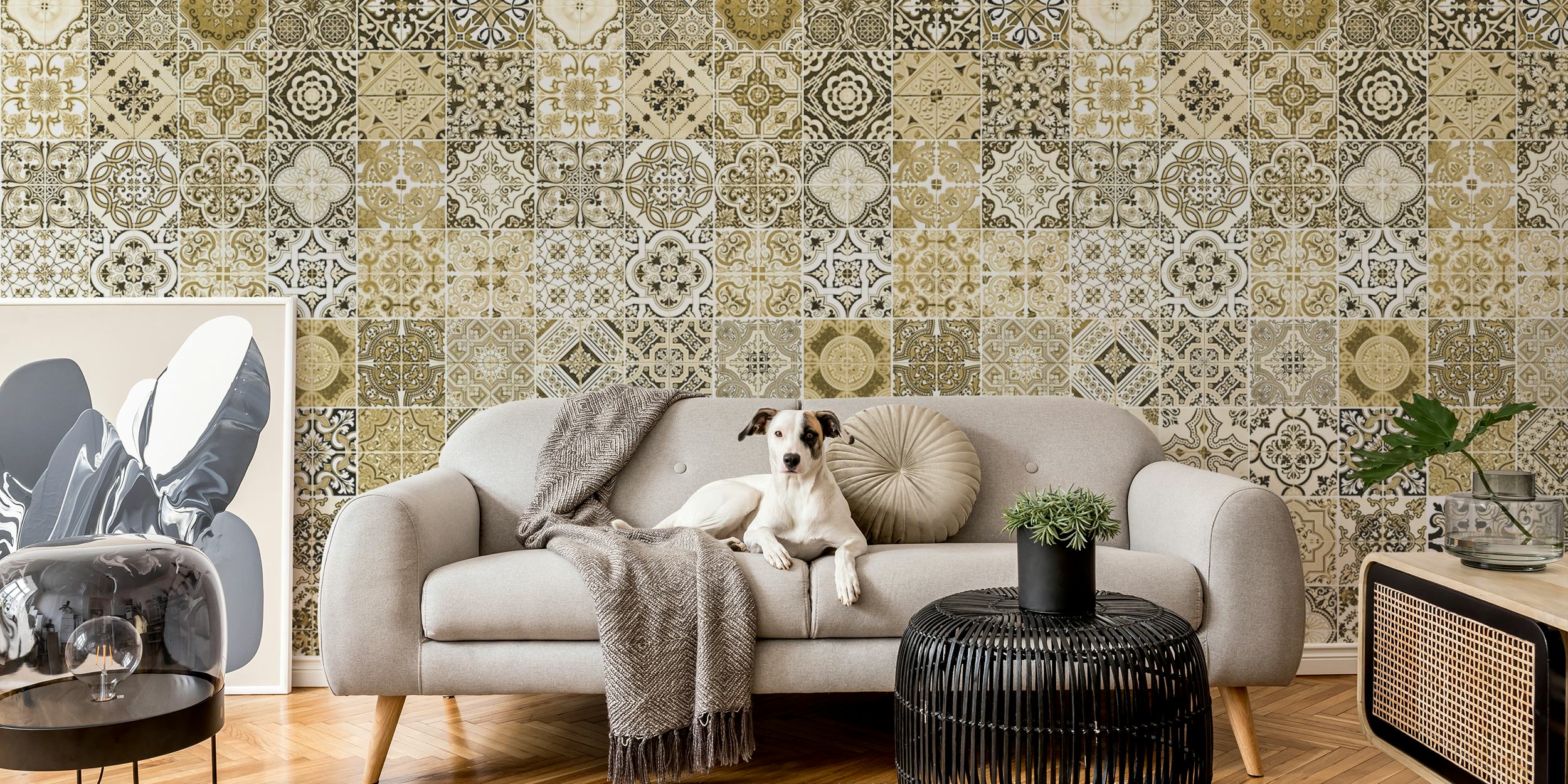 Geometric Moroccan tile pattern in yellow, grey, and cream wallpaper
