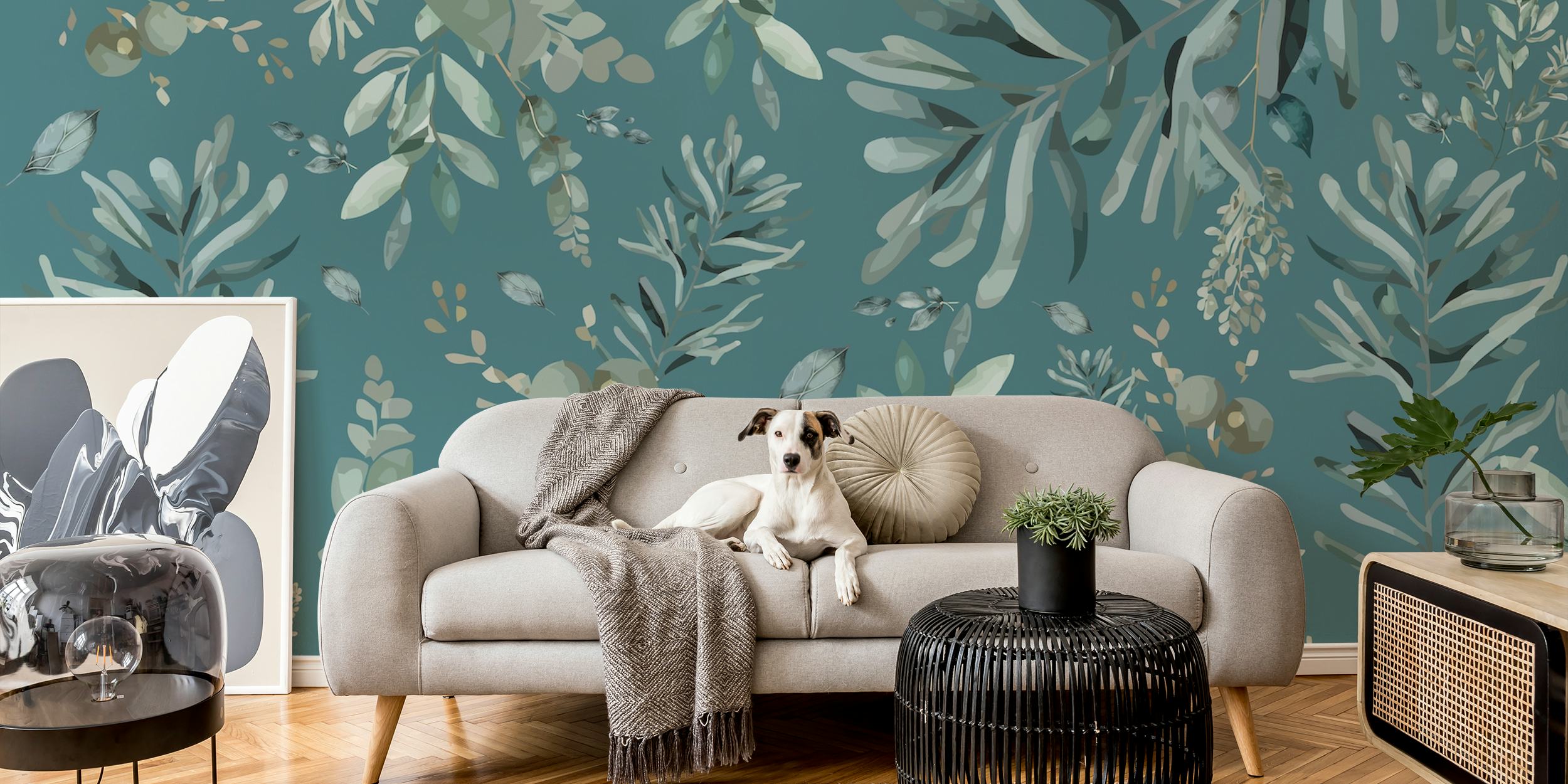 Green leafy botanical wallpaper with various shades of green and blue
