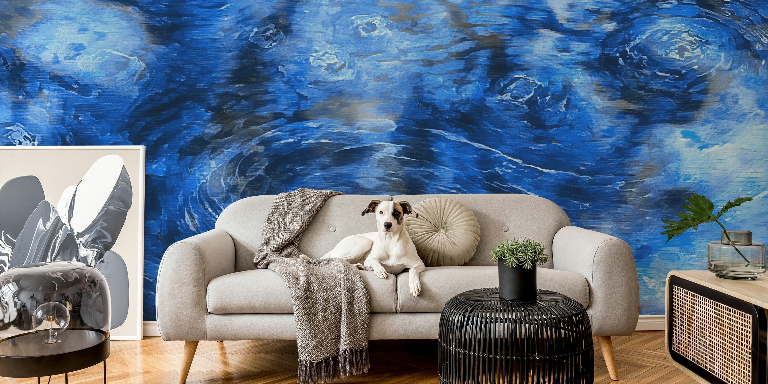 Impressionistische Van Gogh Clouds muurschildering met wervelende blauwe en witte patronen
