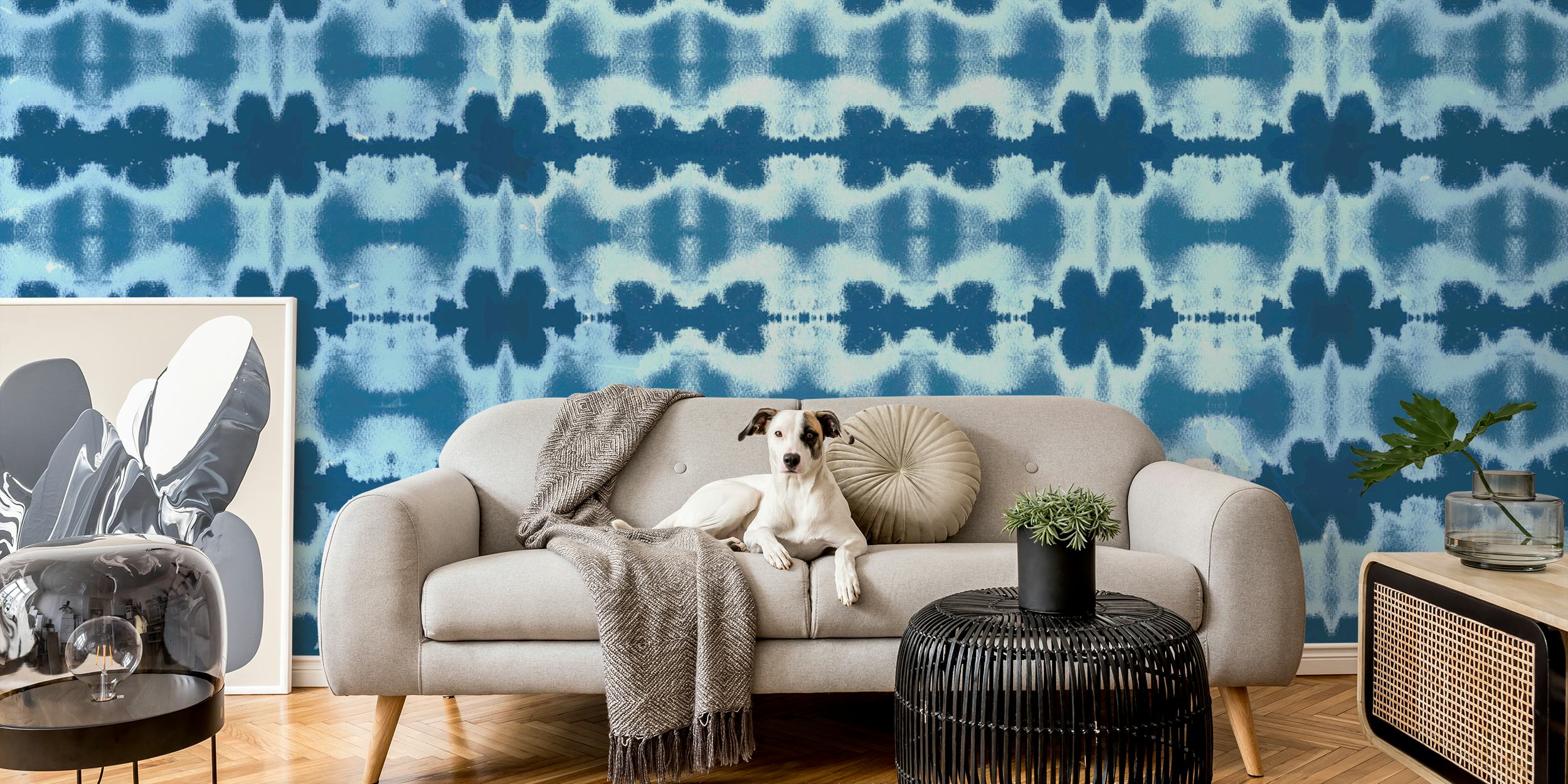 Urban Japanese Blue wall mural with traditional Eastern patterns in calming blue tones.