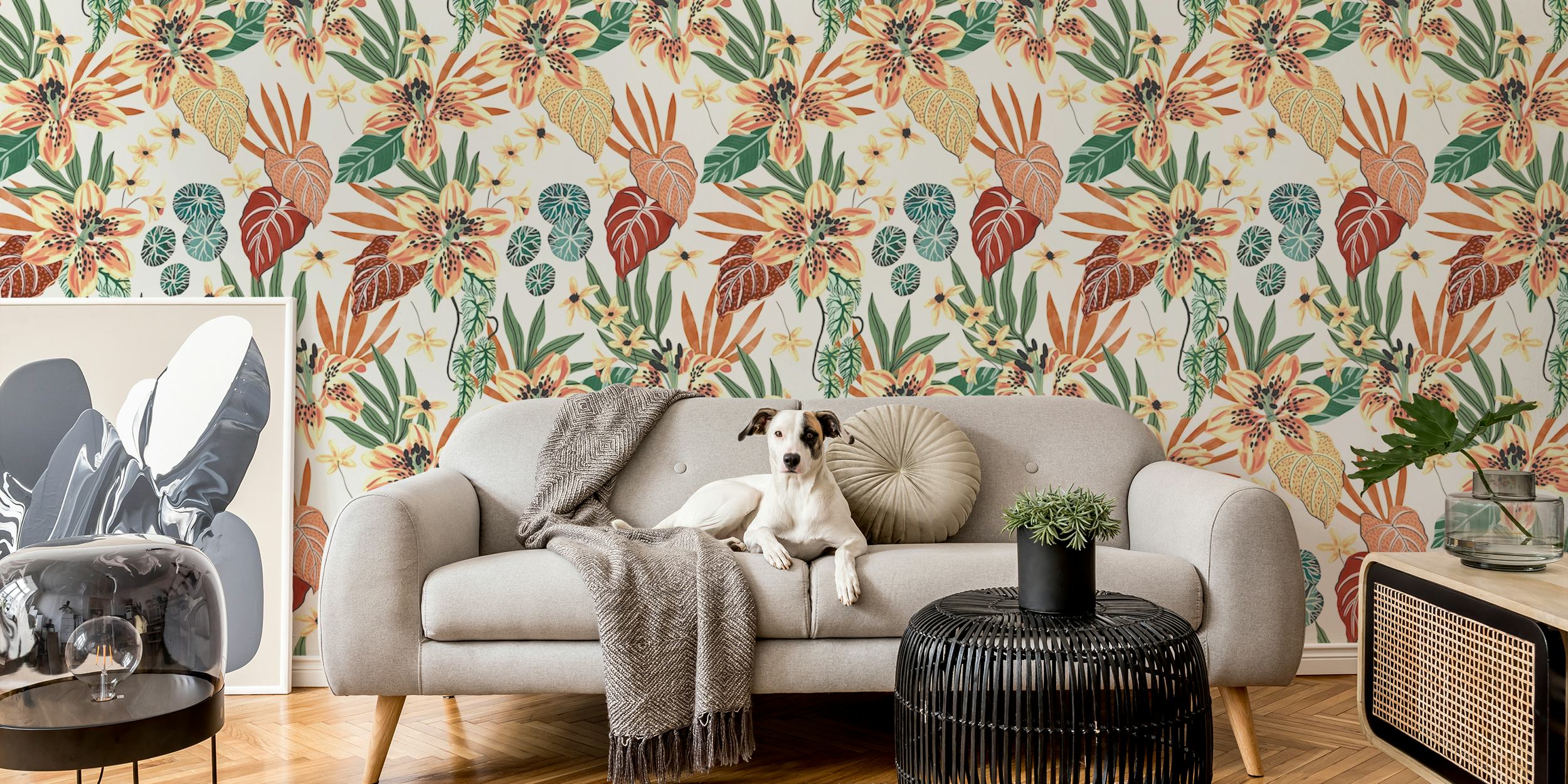 Tropical leaves and flowers in earthy tones wallpaper