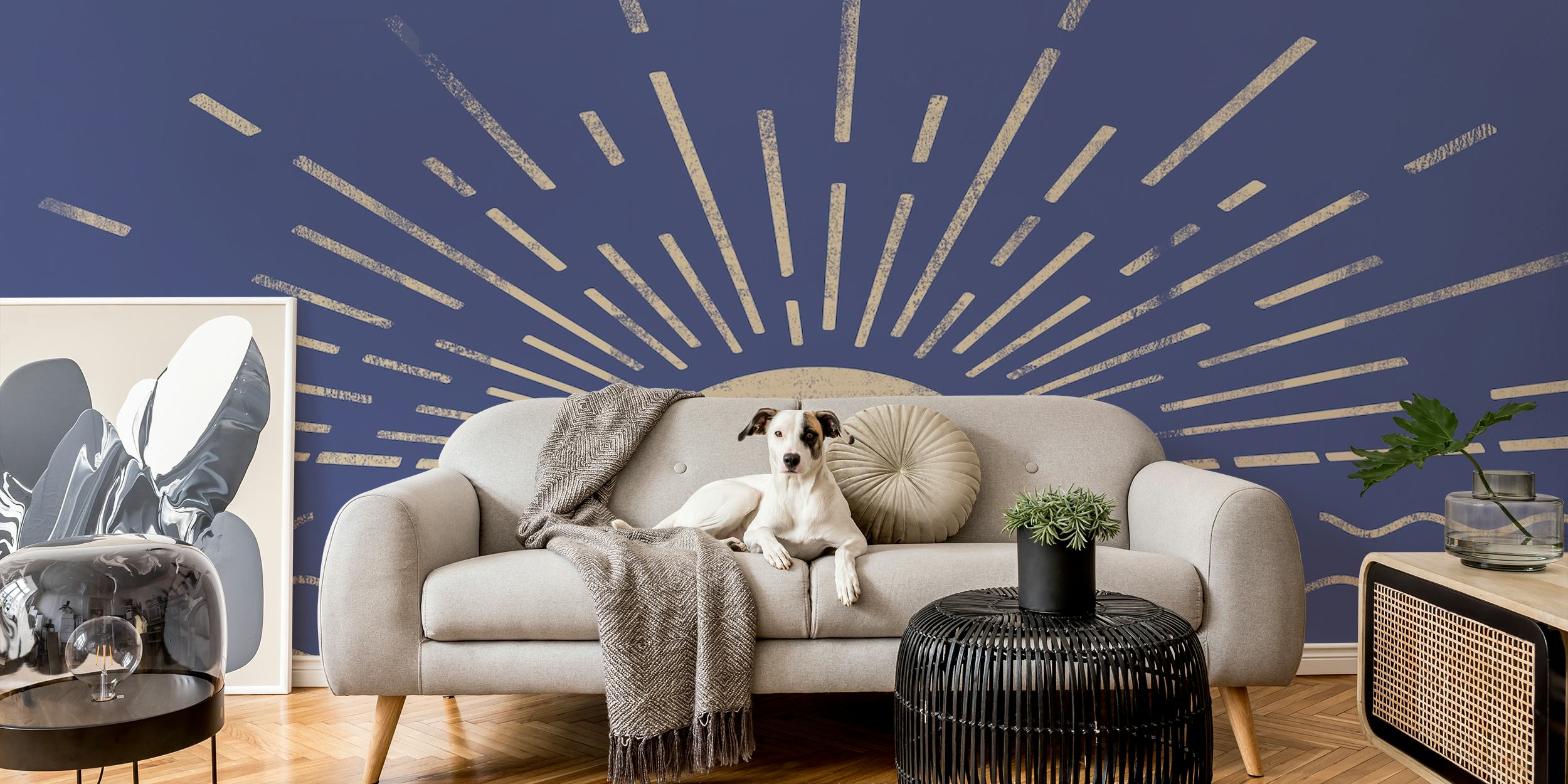 Sunset over the ocean with rays and waves in navy blue and beige wallpaper
