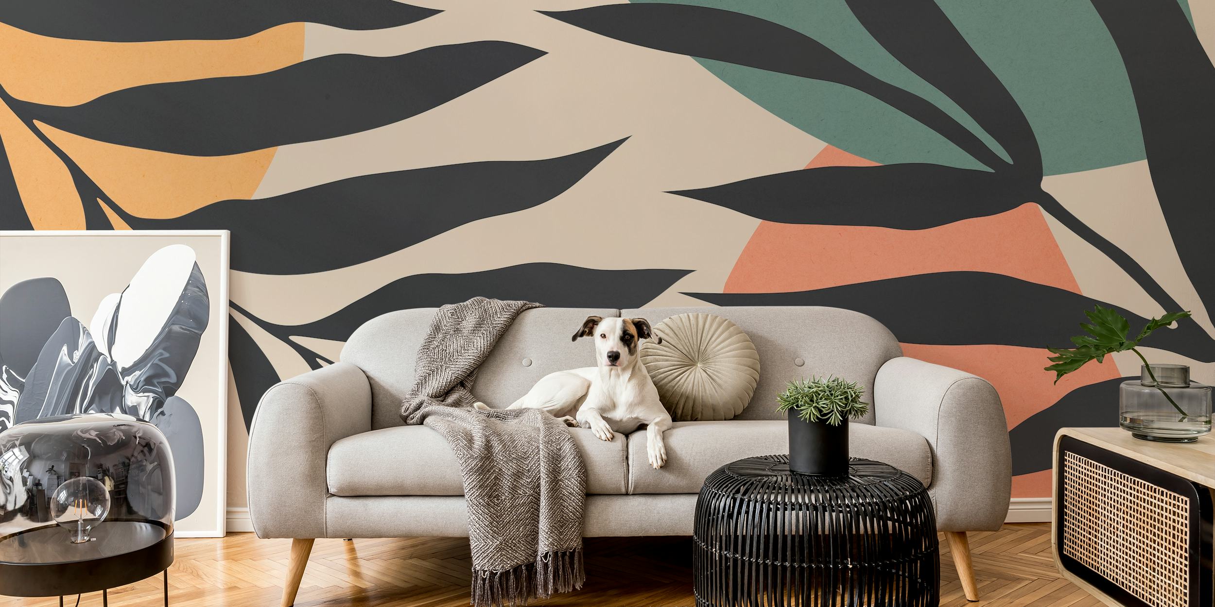 Black tropical leaves on beige background with colored circles wallpaper