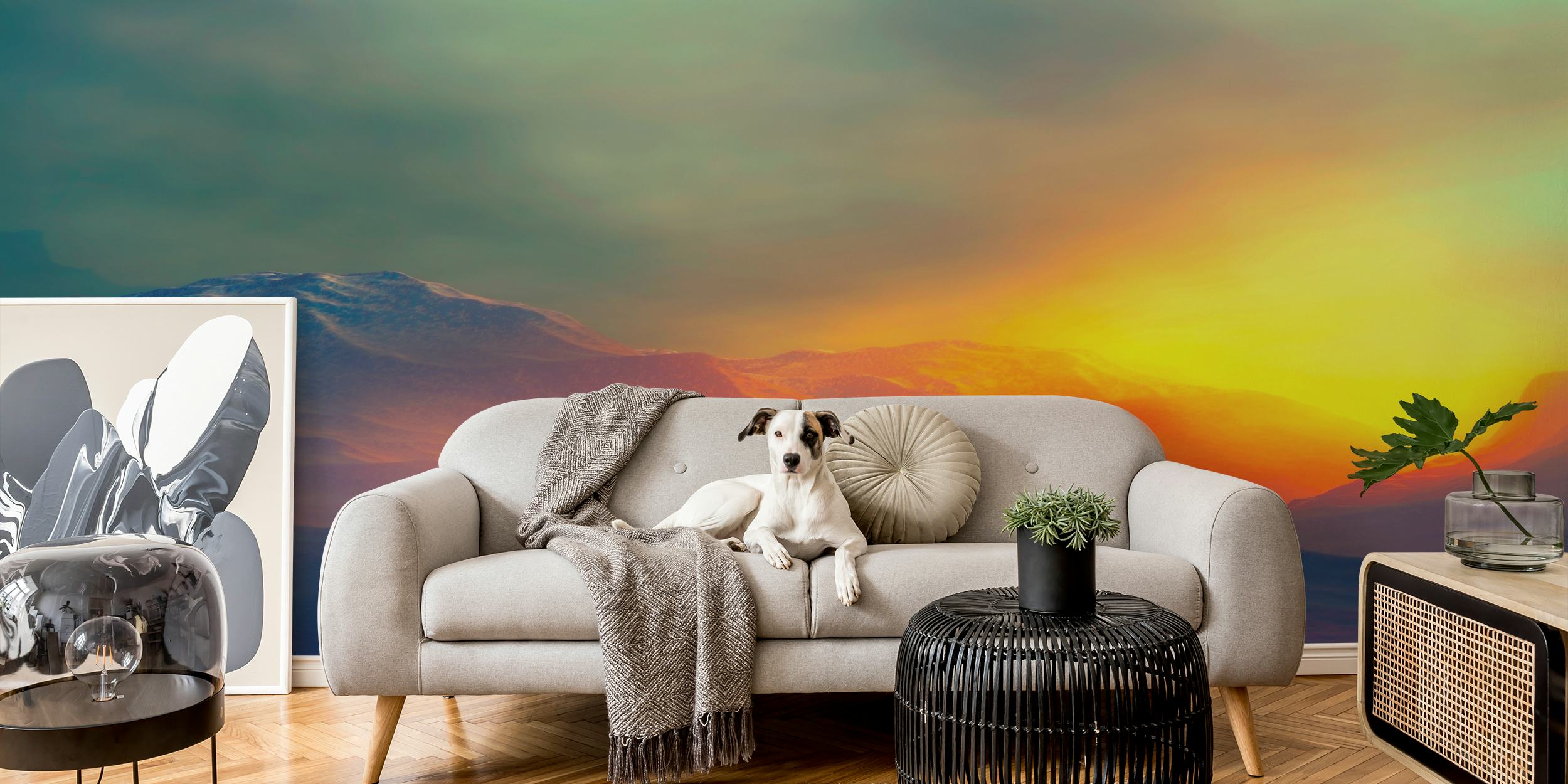 Mountains at sunset wallpaper in a room
