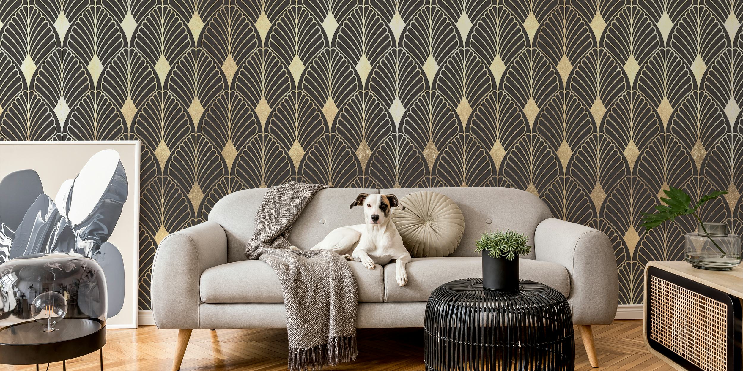 Geometric gold and black wallpaper pattern with curved shapes